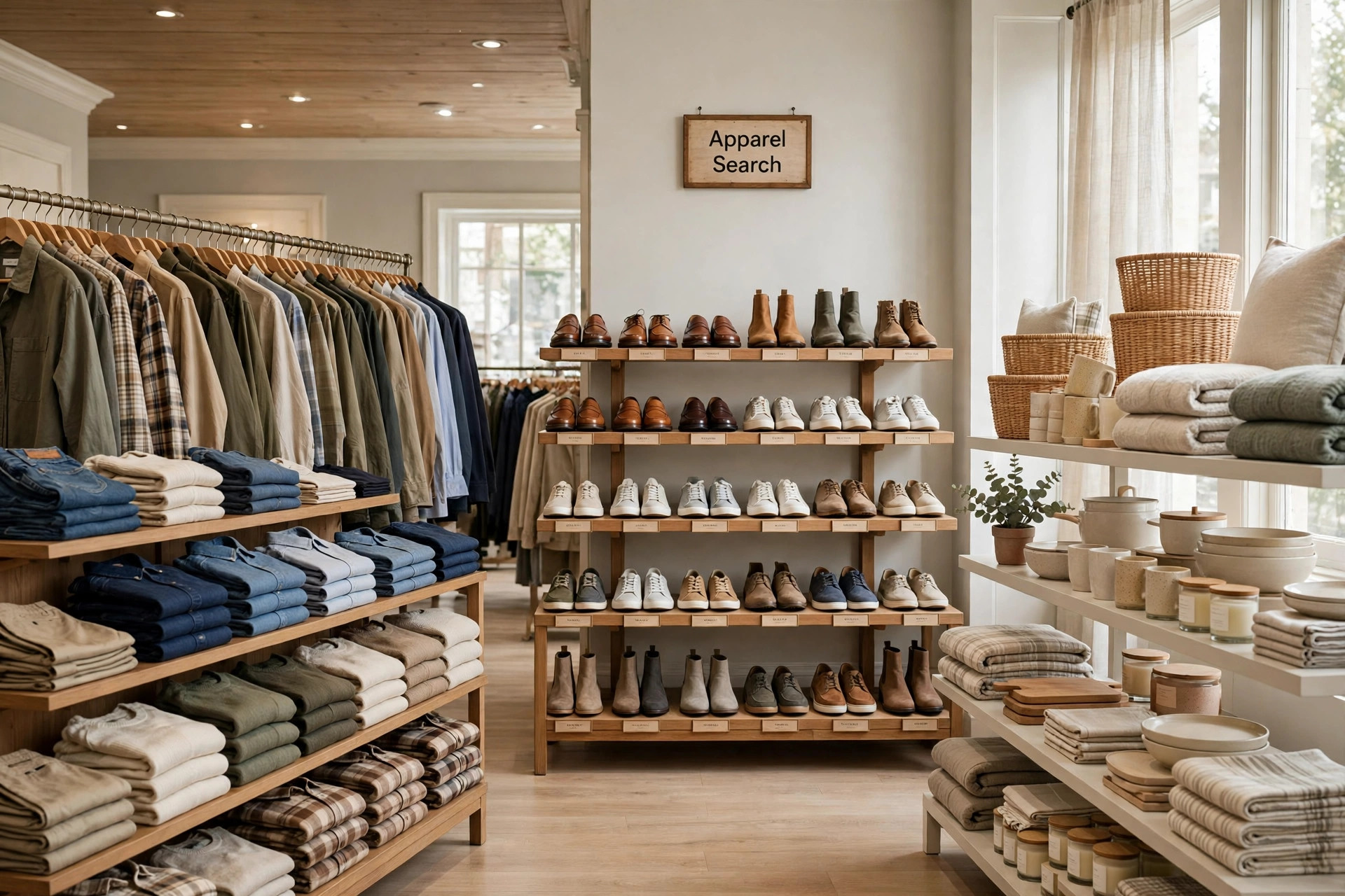 A classic American department store interior with clothing departments, shoe displays and home goods and a small Apparel Search sign, product photography with no people