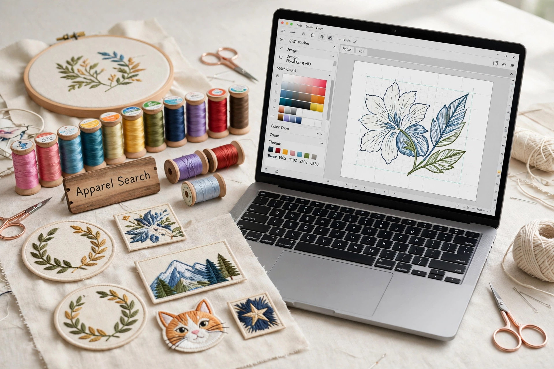 An embroidery workshop detail with stitched patches, thread spools in many colours and a digitized design on screen and a small Apparel Search sign, product photography with no people