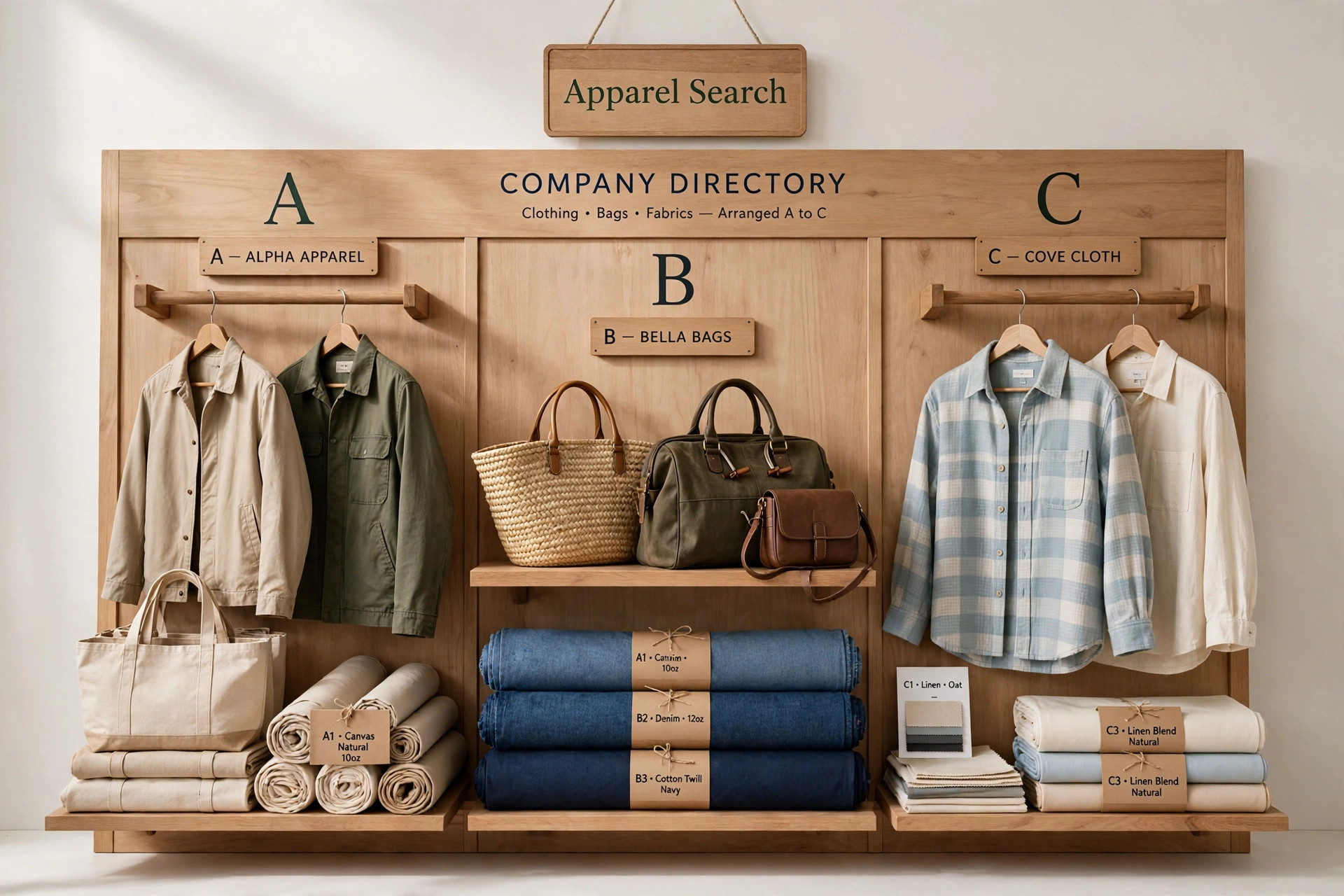 An alphabetical company directory display with clothing rails, bag shelves and fabric rolls arranged by letter and a small Apparel Search sign, product photography with no people