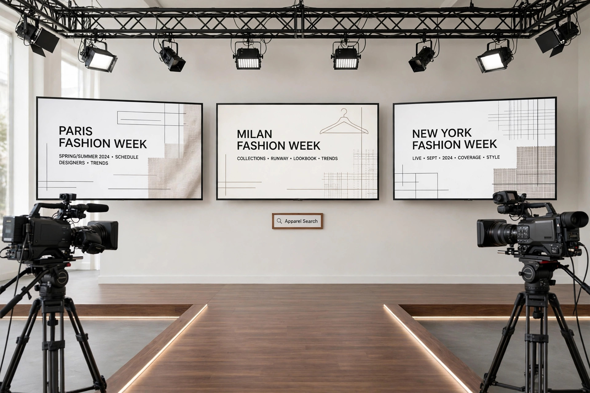 A television studio fashion set with a runway, cameras, lighting rigs and screens showing fashion weeks and a small Apparel Search sign, product photography with no people