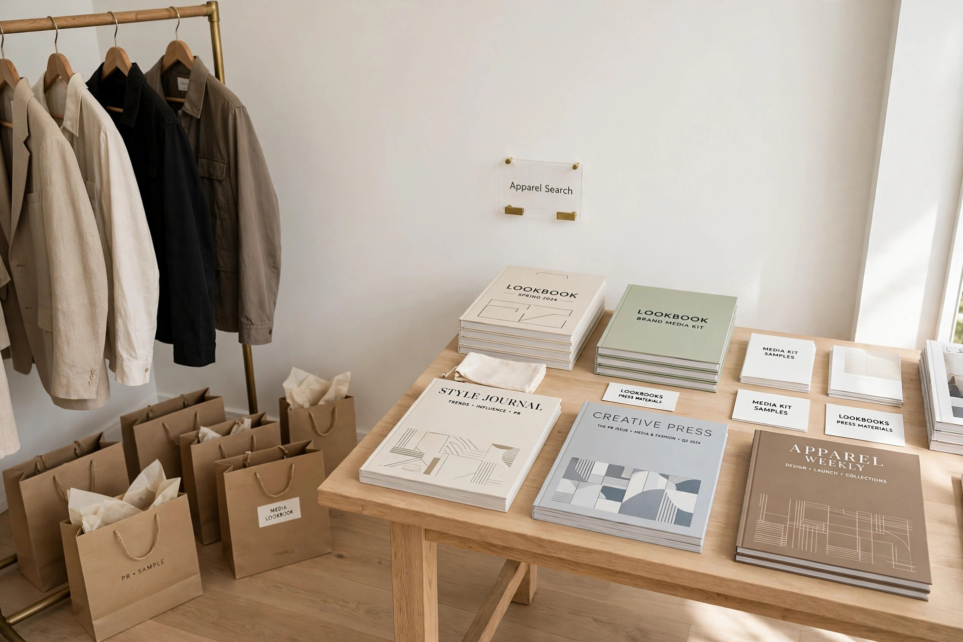 A boutique public relations showroom with clothing rails, gift bags, lookbooks and magazine covers on display and a small Apparel Search sign, product photography with no people