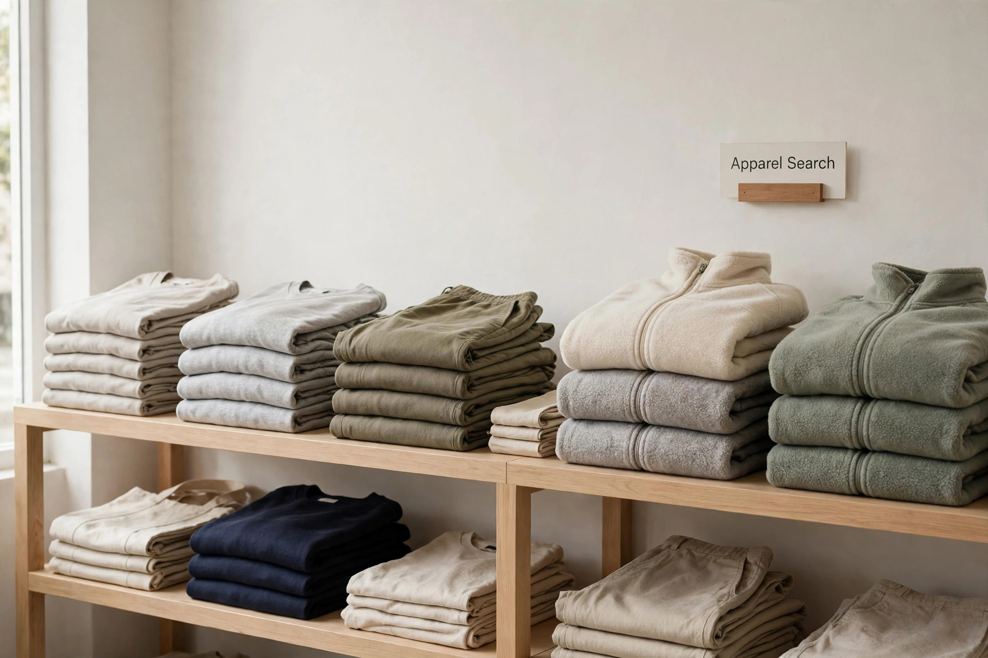 A minimalist clothing store interior with folded casualwear stacks, a fleece display and clean shelving and a small Apparel Search sign, product photography with no people