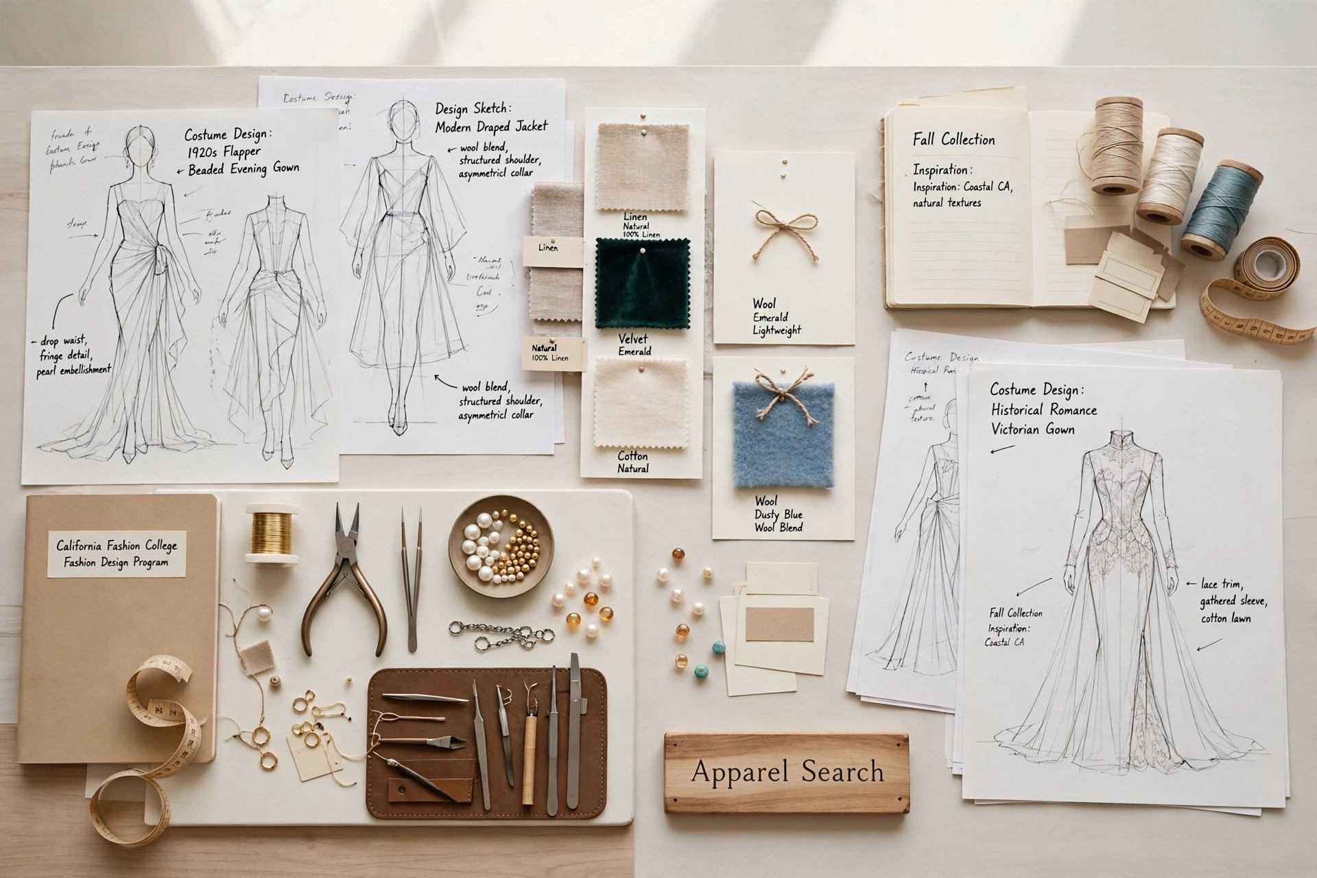 A California fashion college studio with fashion design sketches, textile samples, a jewelry bench and costume designs and a small Apparel Search sign, product photography with no people
