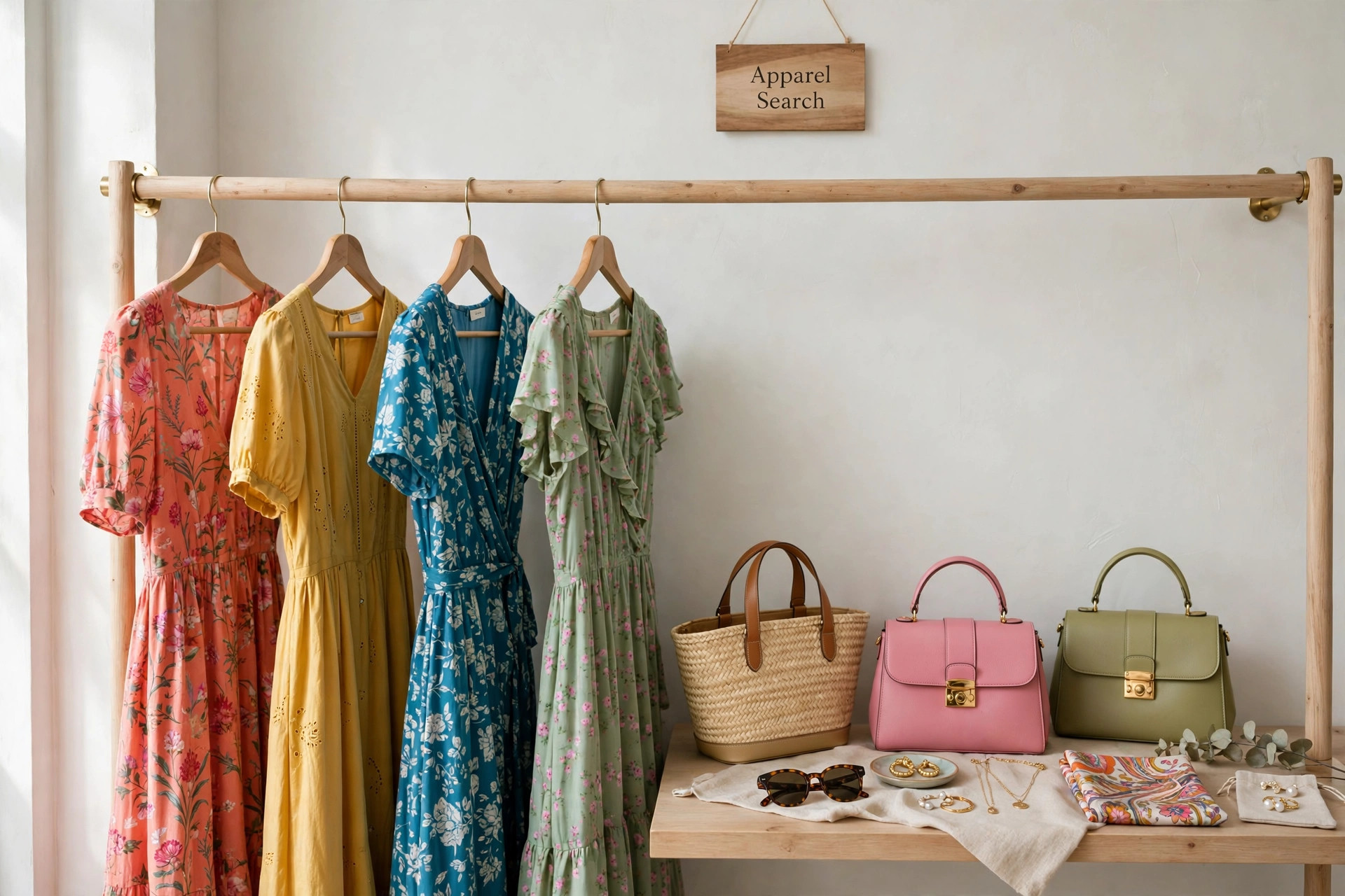 An elegant women's fashion display with colourful dresses, handbags and accessories in a premium boutique setting and a small Apparel Search sign, product photography with no people