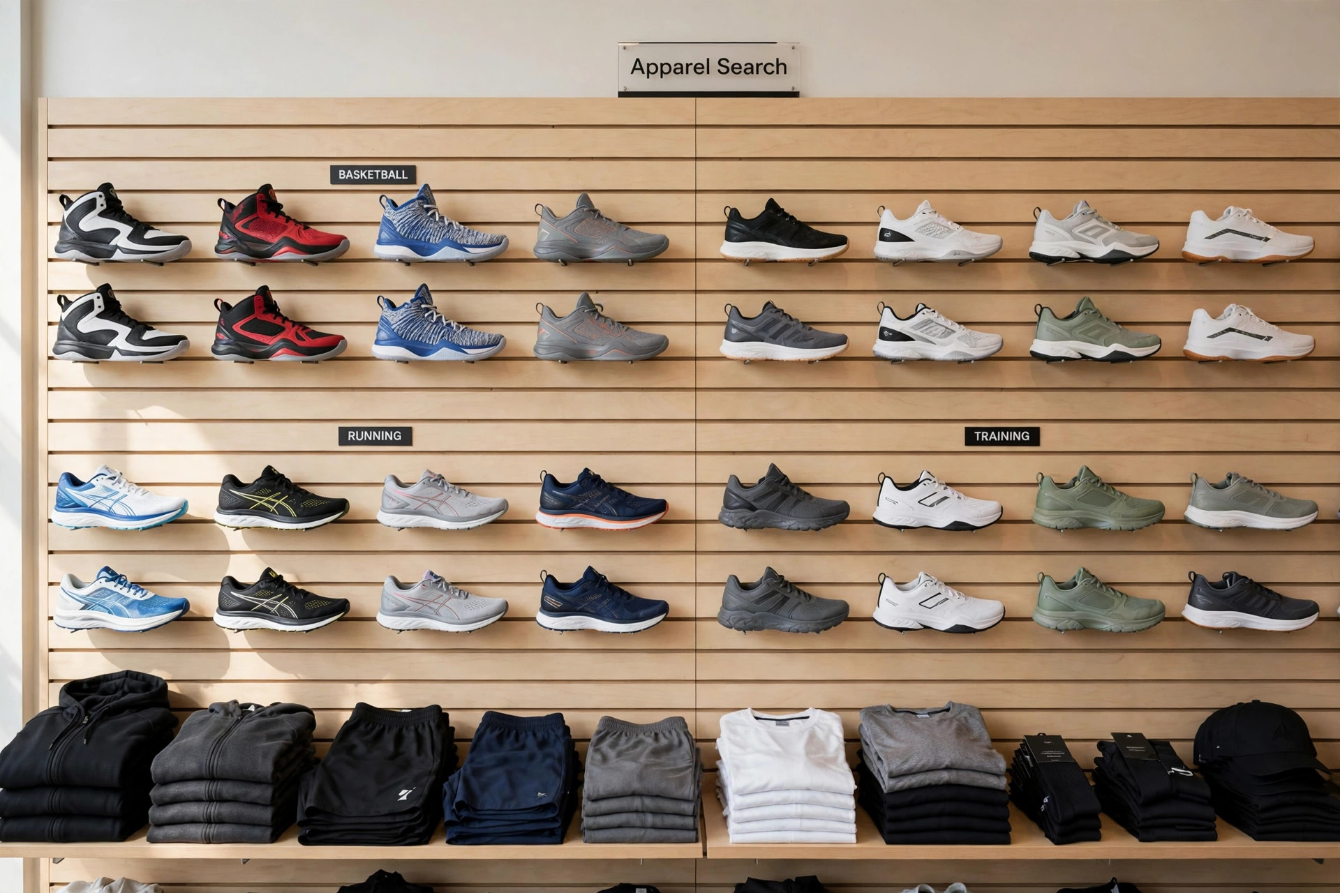 An athletic footwear store wall with rows of basketball, running and training shoes and apparel displays and a small Apparel Search sign, product photography with no people