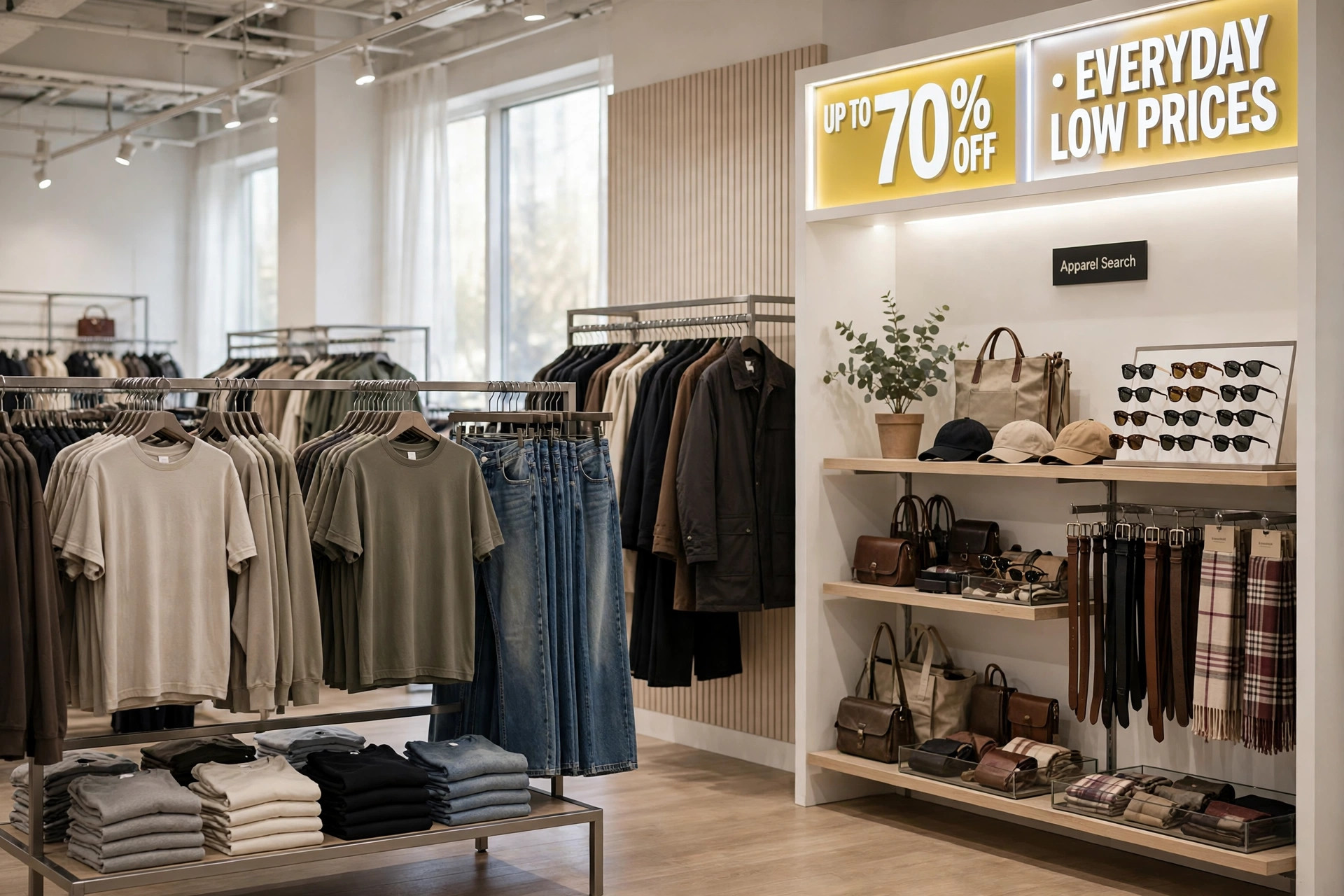 A large value fashion store interior with clothing rails, accessories displays and bright signage space and a small Apparel Search sign, product photography with no people