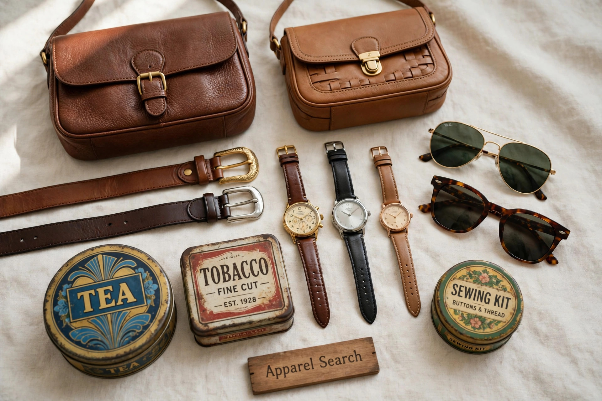 Fashion watches, leather handbags, belts and sunglasses arranged in a vintage-inspired display with collectible tins and a small Apparel Search sign, product photography with no people