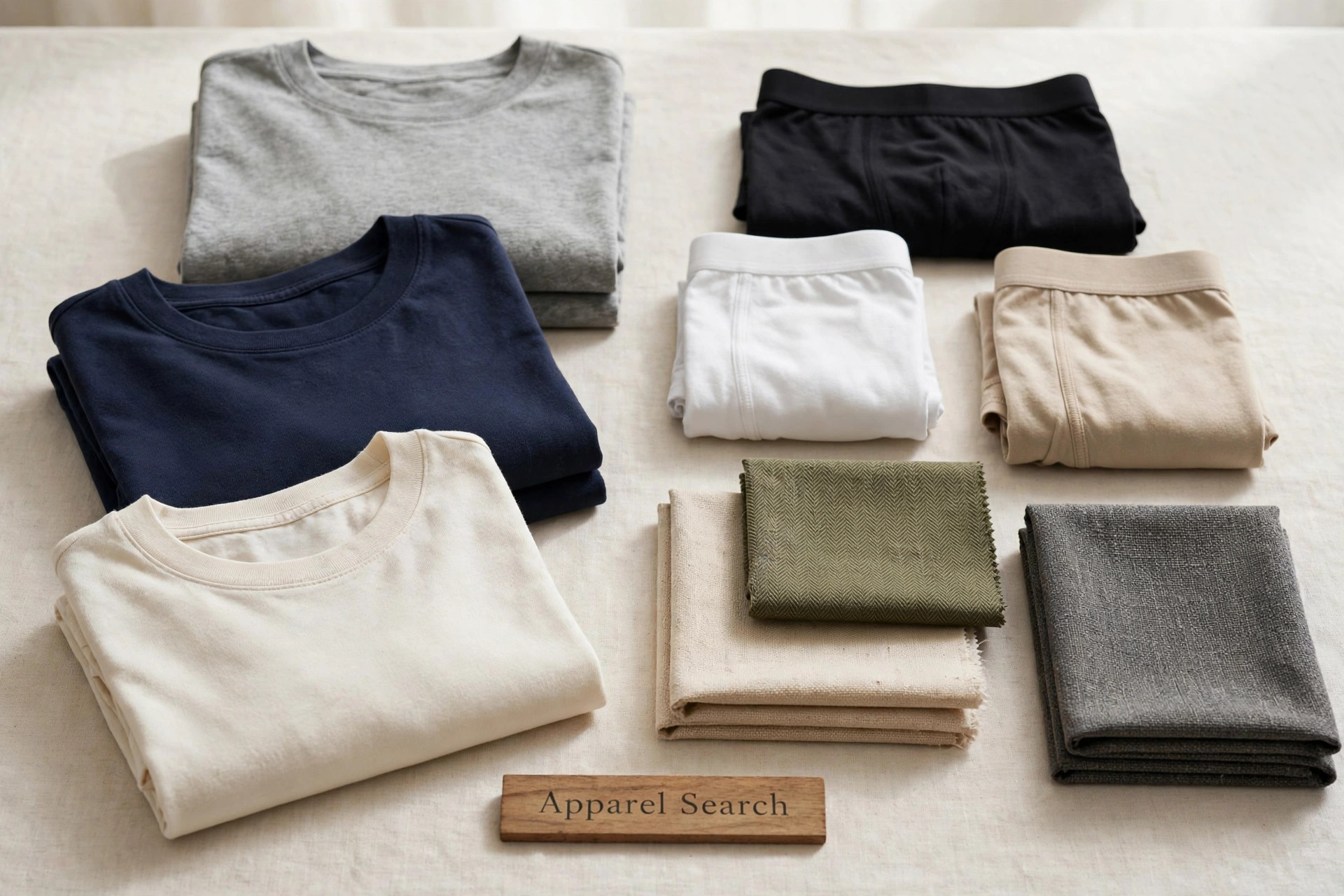 Folded cotton t-shirts, underwear basics and textile mill cloth in classic colours on a table and a small Apparel Search sign, product photography with no people