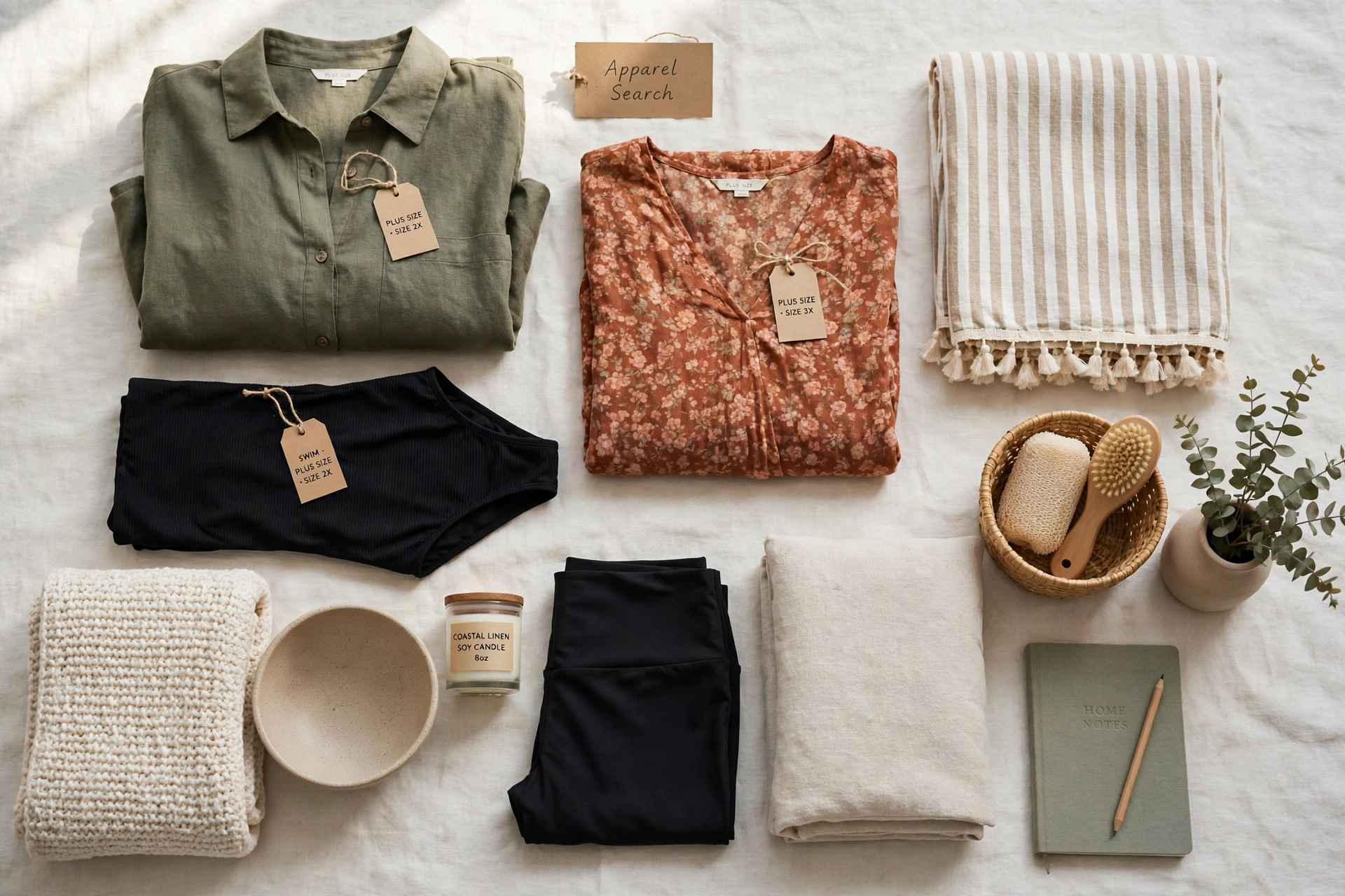 A plus size fashion and home catalogue display with women's clothing, swimwear and home goods arranged together and a small Apparel Search sign, product photography with no people