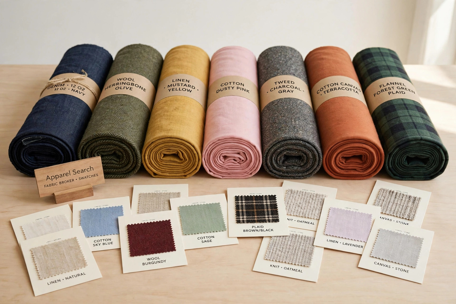 Bolts and sample cards of assorted fabrics in many colours and weaves on a broker's table with a small Apparel Search sign, product photography with no people