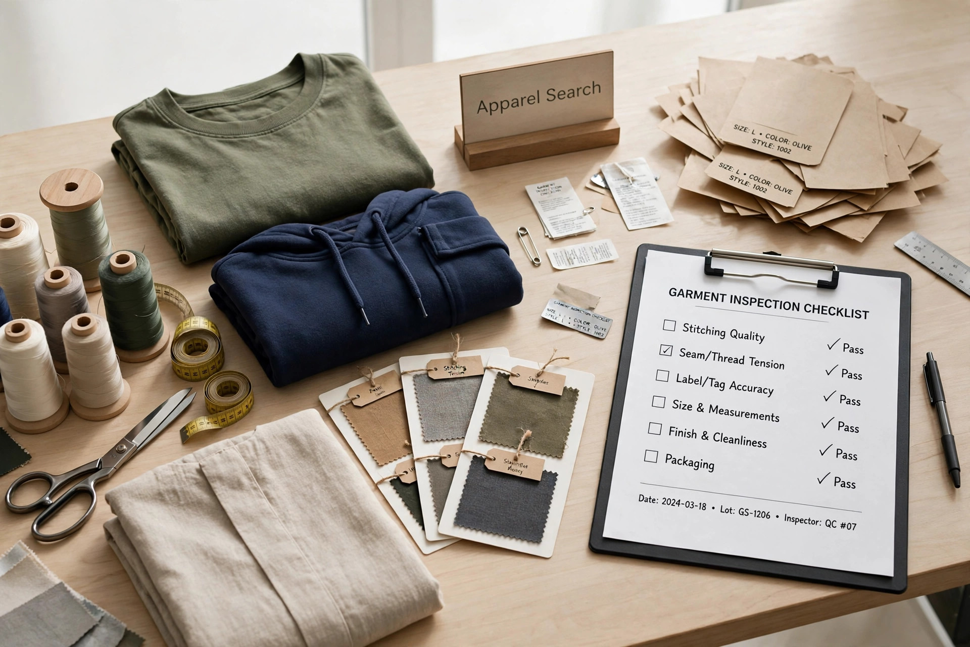 A garment factory inspection scene with workstations, sample garments and a clipboard checklist and a small Apparel Search sign, product photography with no people