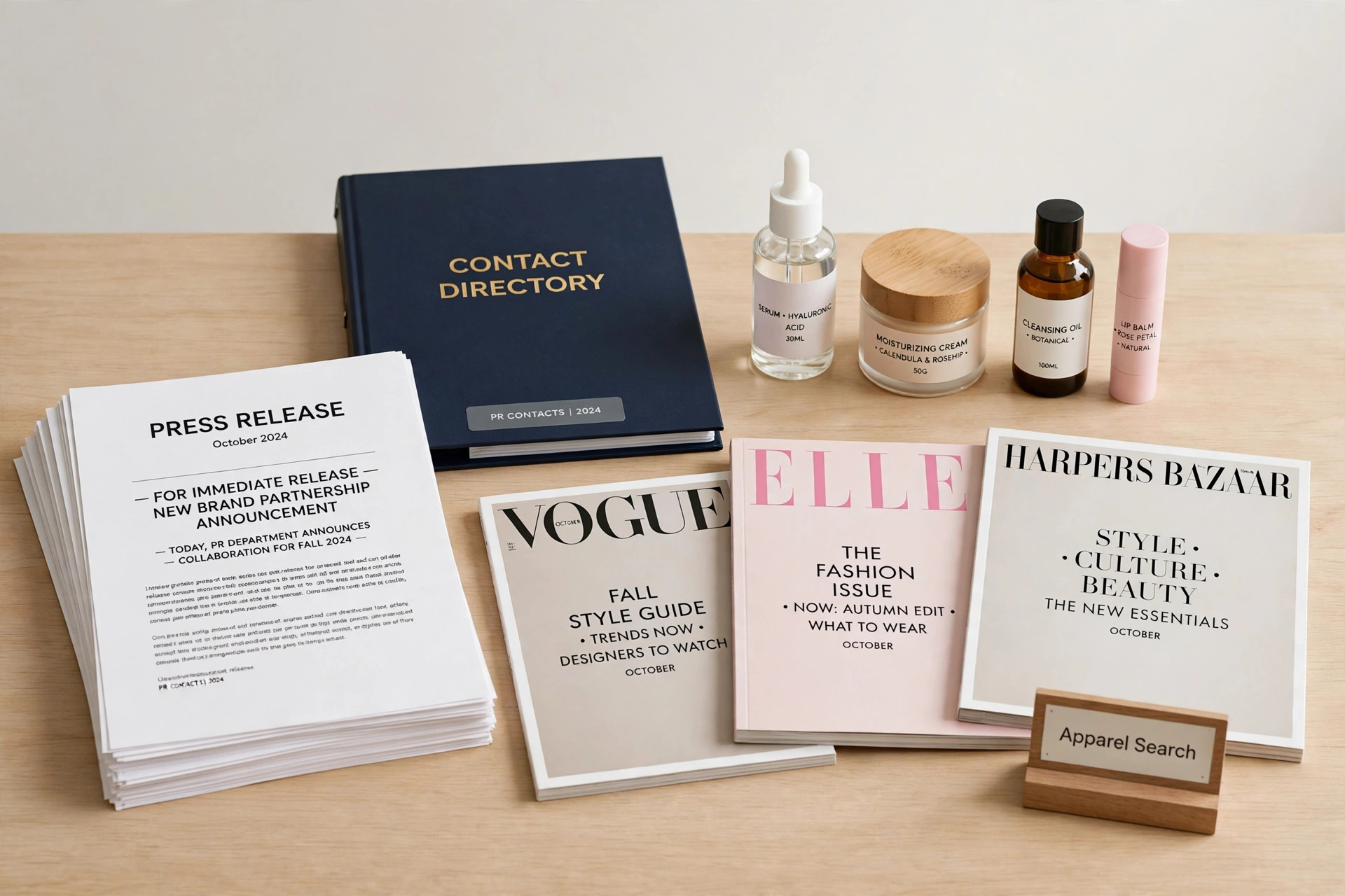 A public relations office desk with press releases, a contact directory, beauty products and fashion magazines and a small Apparel Search sign, product photography with no people
