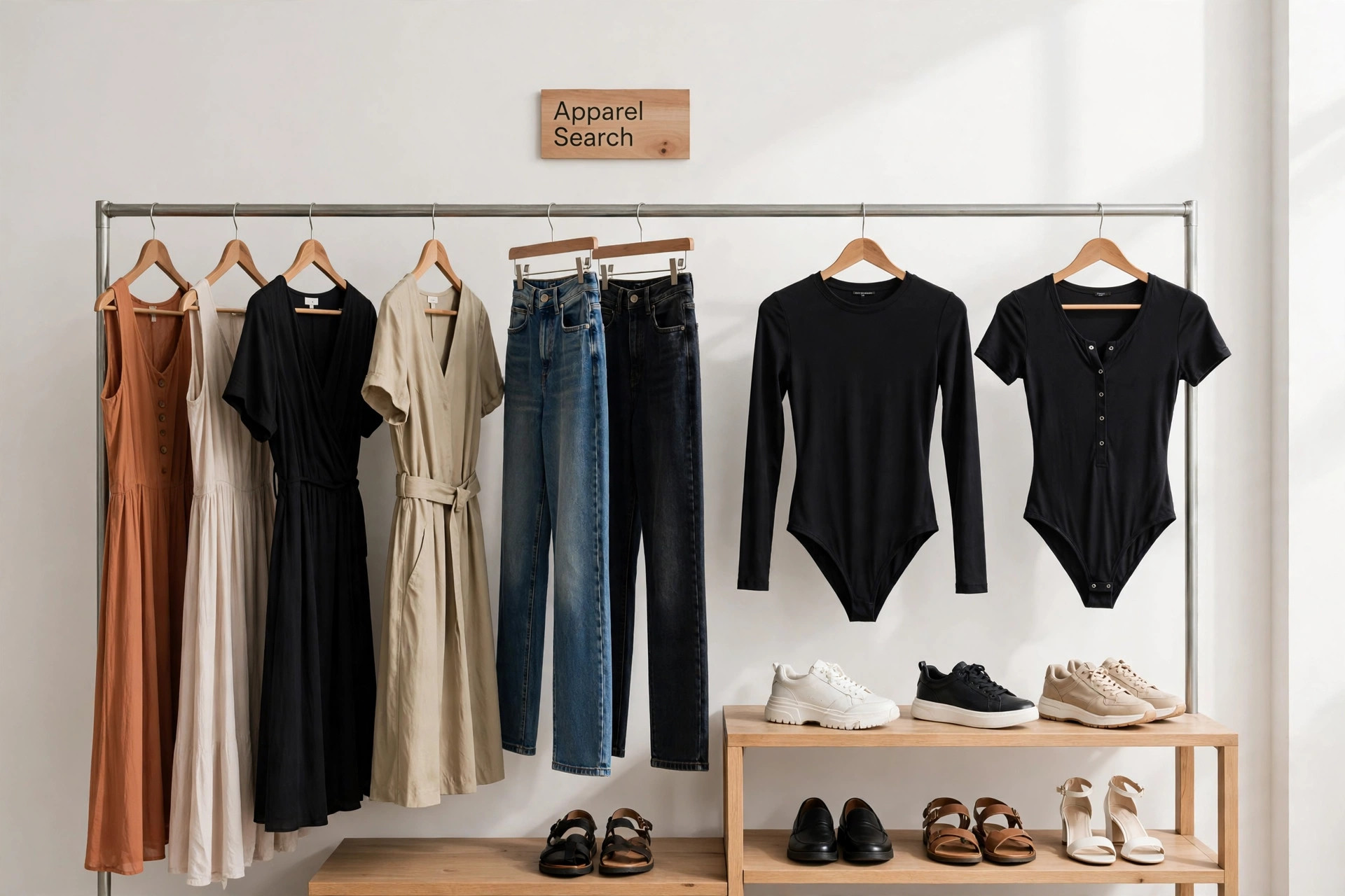 A fast fashion retail display with dresses, jeans, bodysuits and shoes on rails and shelves and a small Apparel Search sign, product photography with no people