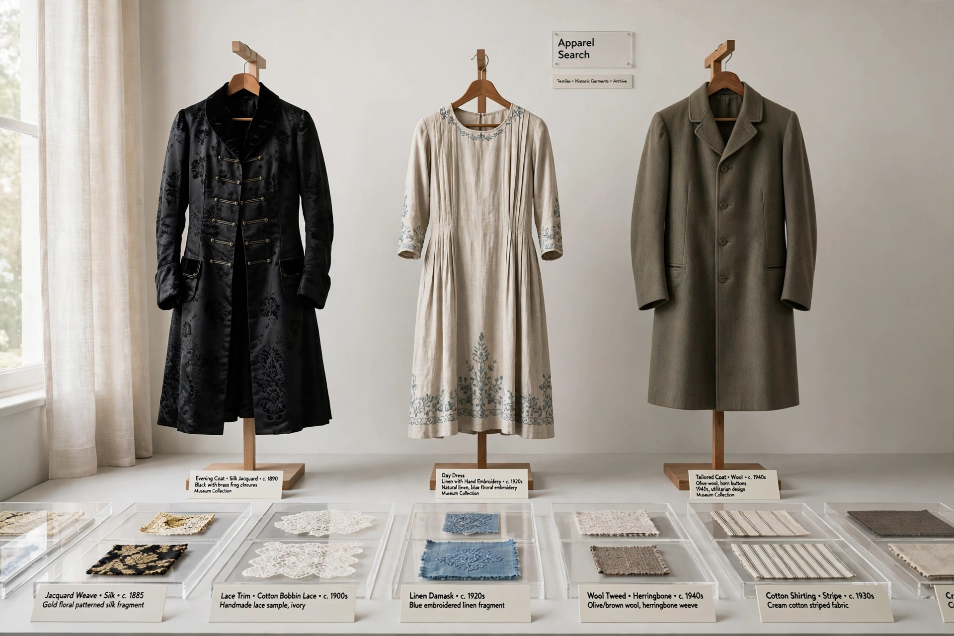A fashion museum exhibition with historic garments on stands, textile displays and gallery lighting and a small Apparel Search sign, product photography with no people