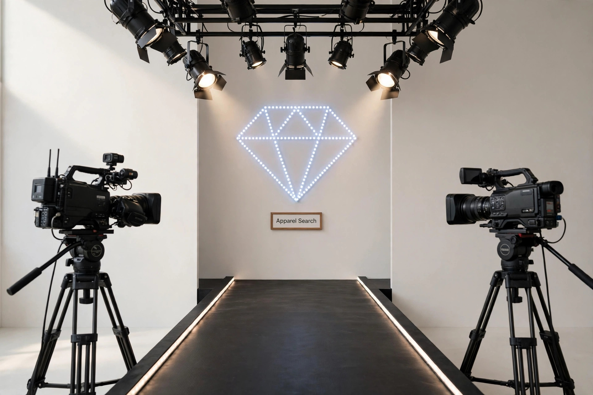 A fashion television broadcast scene with a catwalk, spotlights, cameras and a diamond logo light display and a small Apparel Search sign, product photography with no people