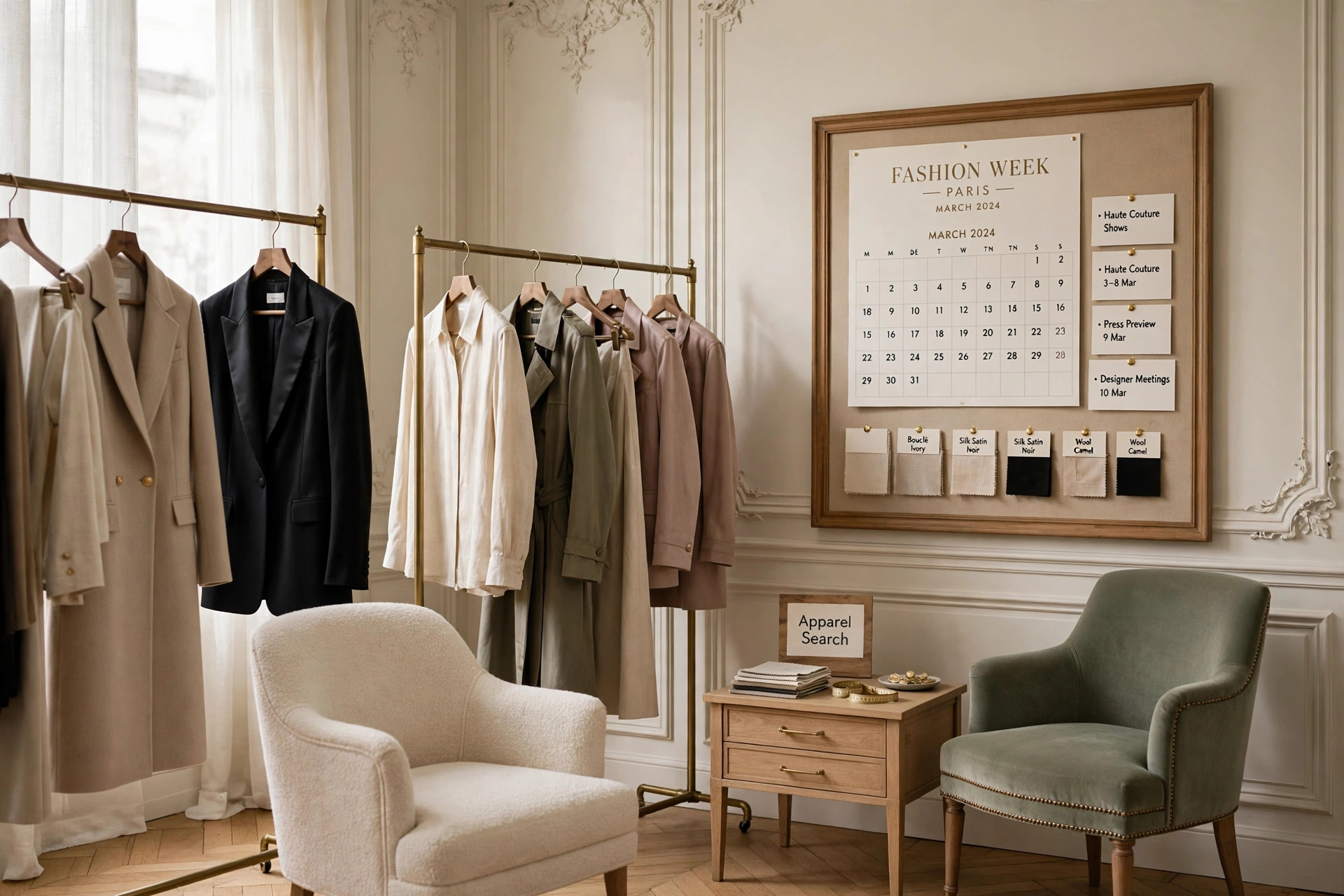 A Paris couture scene with an ornate salon, garment rails, a fashion week calendar board and elegant seating and a small Apparel Search sign, product photography with no people