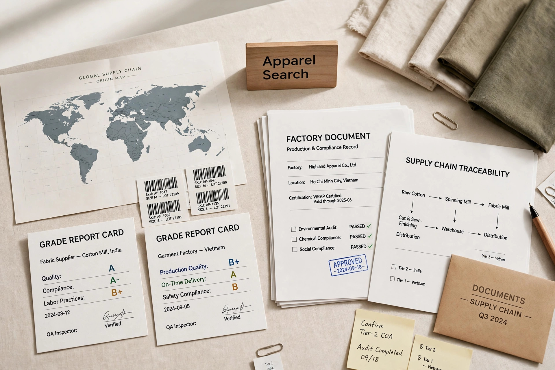 A supply chain transparency desk with product barcodes, world map, grade report cards and factory documents and a small Apparel Search sign, product photography with no people