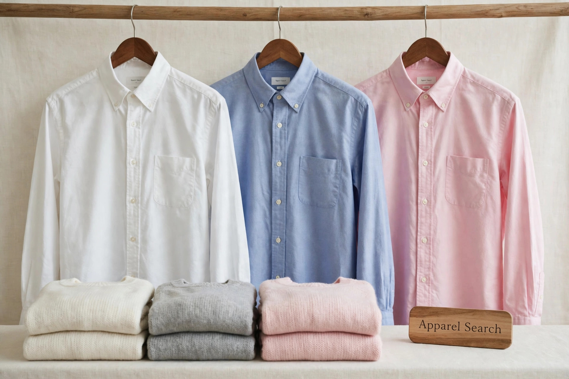Button-down oxford shirts in white, blue and pink hanging on a rail with folded knitwear and a small Apparel Search sign, product photography with no people