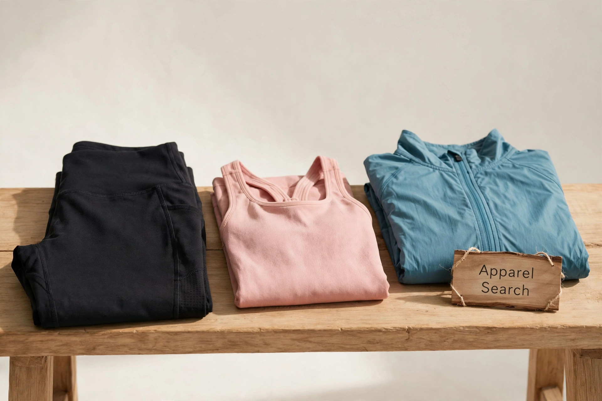 Women's performance leggings, yoga tops and running layers folded on a studio bench with a small Apparel Search sign, product photography with no people