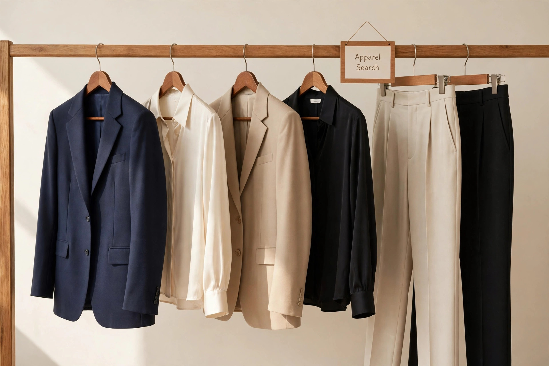 Tailored blazers, dress trousers and silk blouses on a clothing rail in warm light with a small Apparel Search sign, product photography with no people