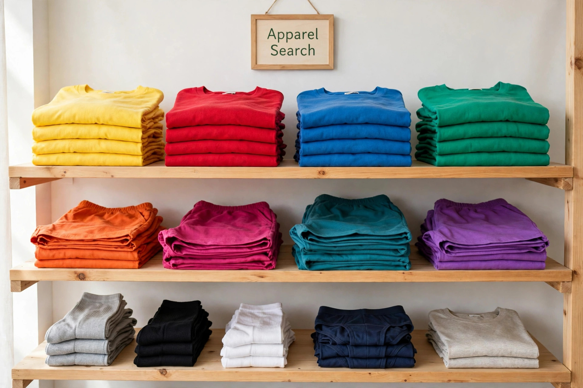 Bright folded t-shirts, shorts and family basics in bold colours on store shelves with a small Apparel Search sign, product photography with no people