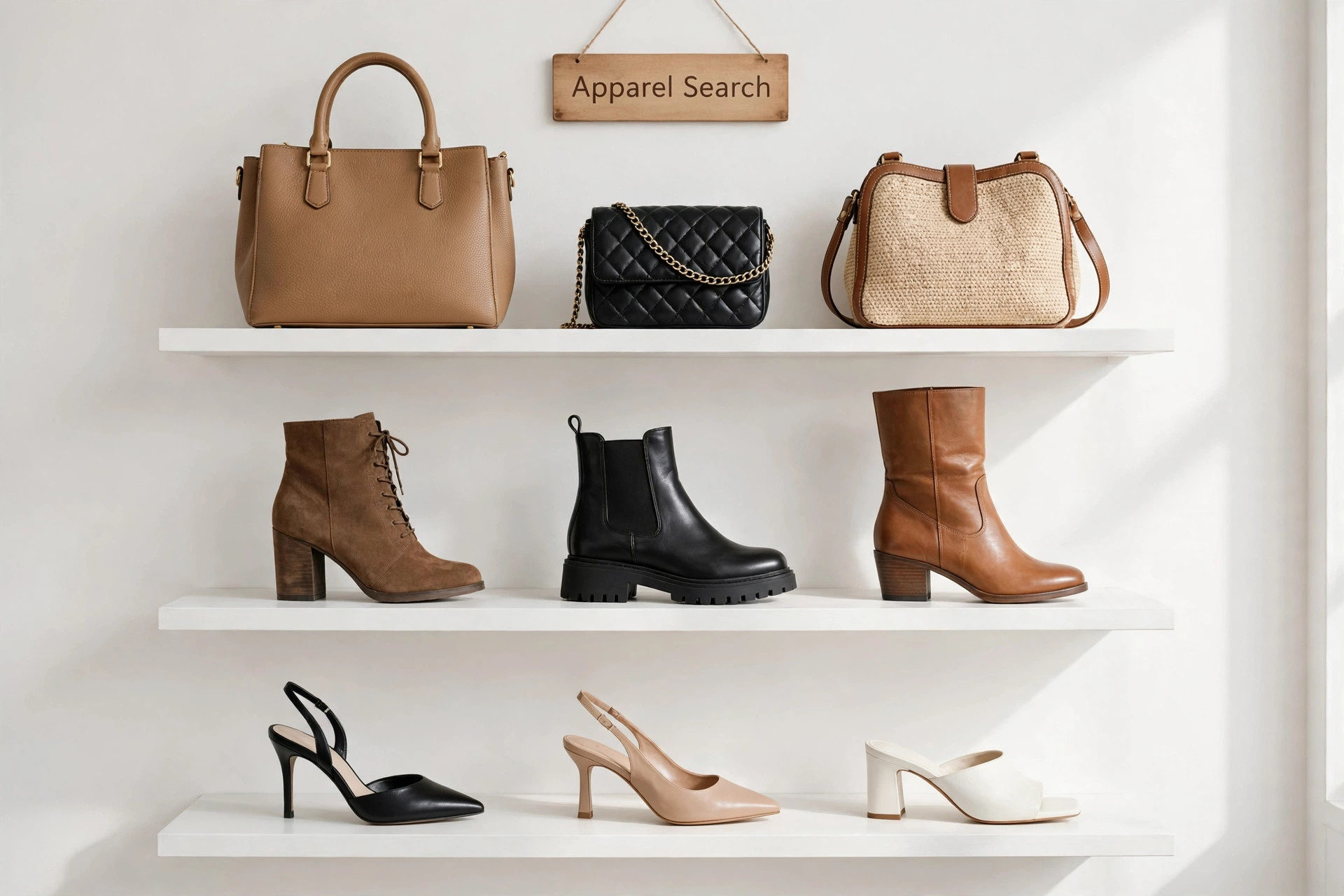 An online shoe shop style display of women's heels, boots and handbags on white shelves with a small Apparel Search sign, product photography with no people