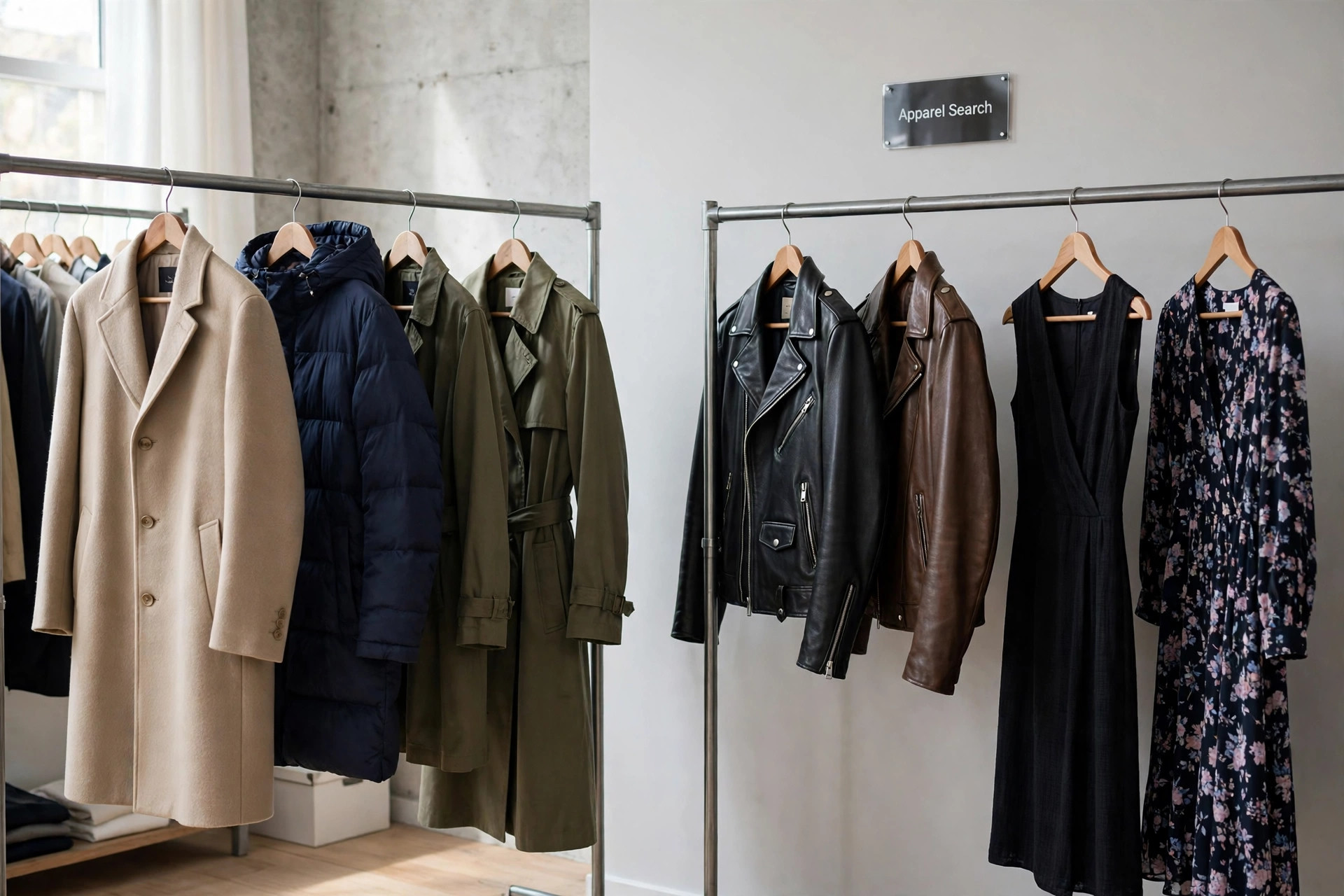 Outerwear coats, dresses and leather jackets on rails in a New York garment district style showroom with a small Apparel Search sign, product photography with no people