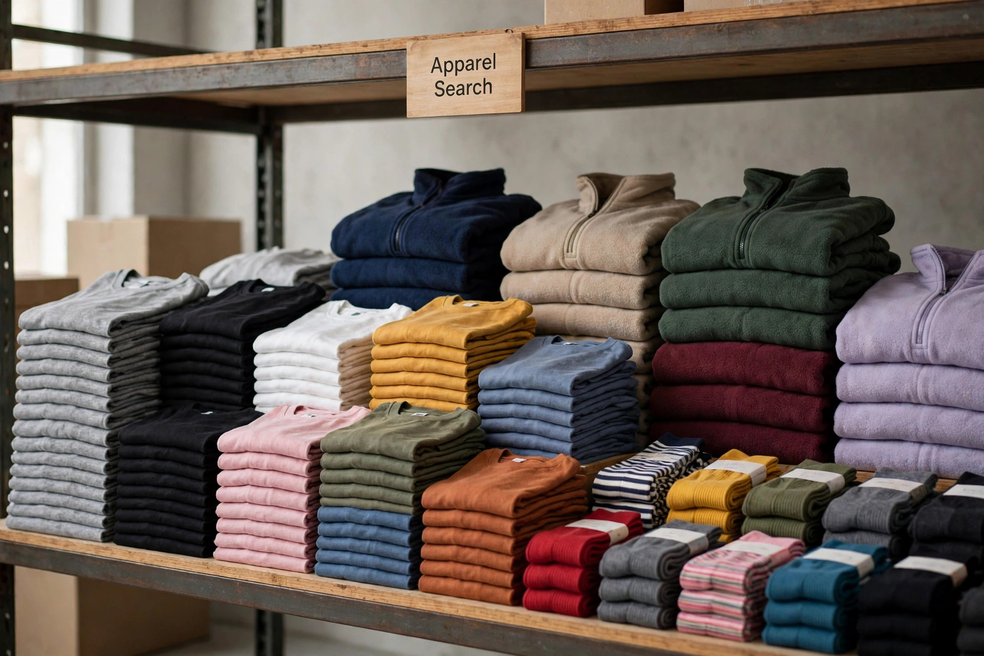 Neat stacks of basic t-shirts, fleece tops and socks in many colours in a warehouse style display with a small Apparel Search sign, product photography with no people