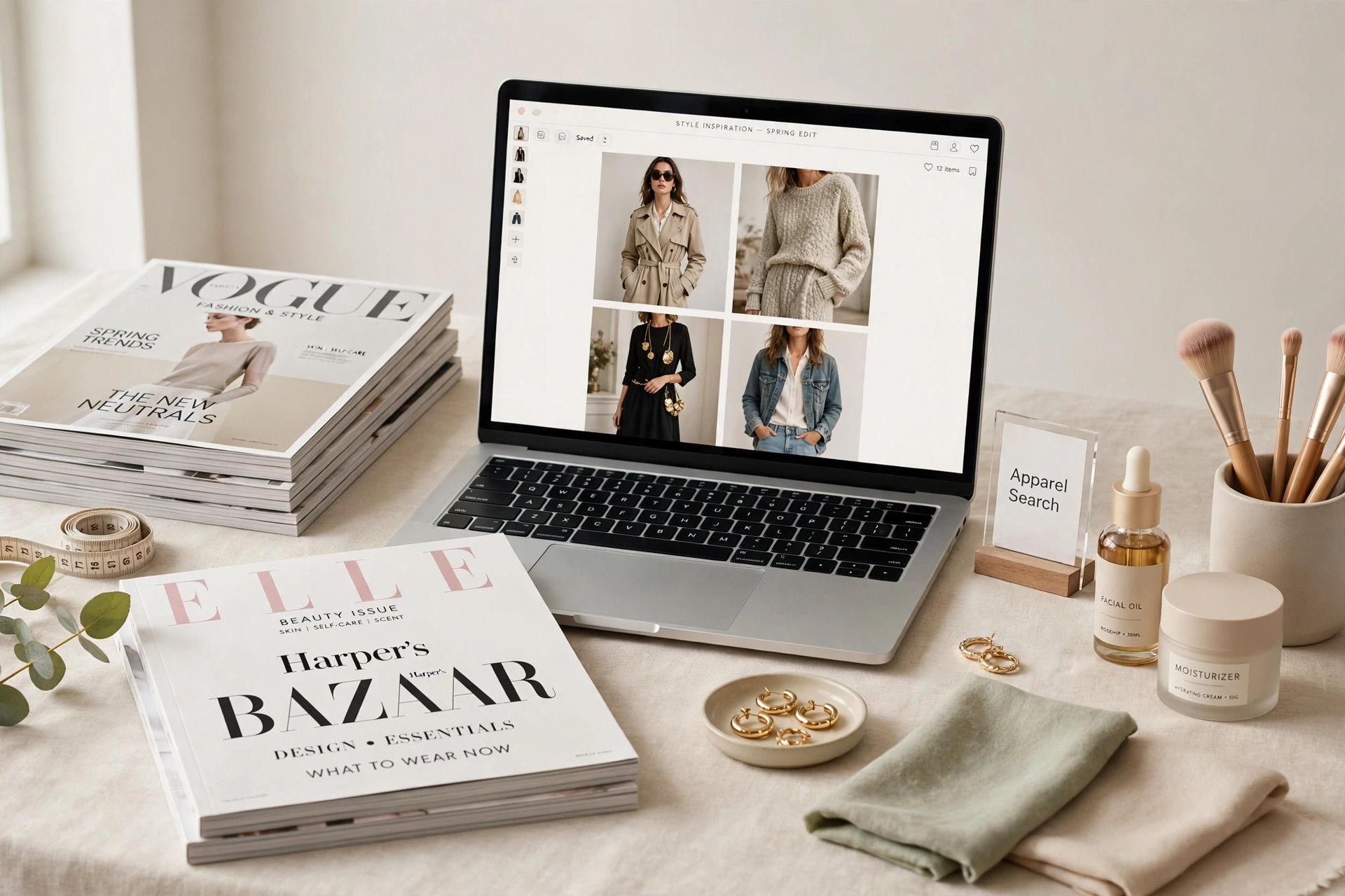 A fashion magazine style desk with a laptop showing style imagery, beauty products and printed magazines with a small Apparel Search sign, product photography with no people