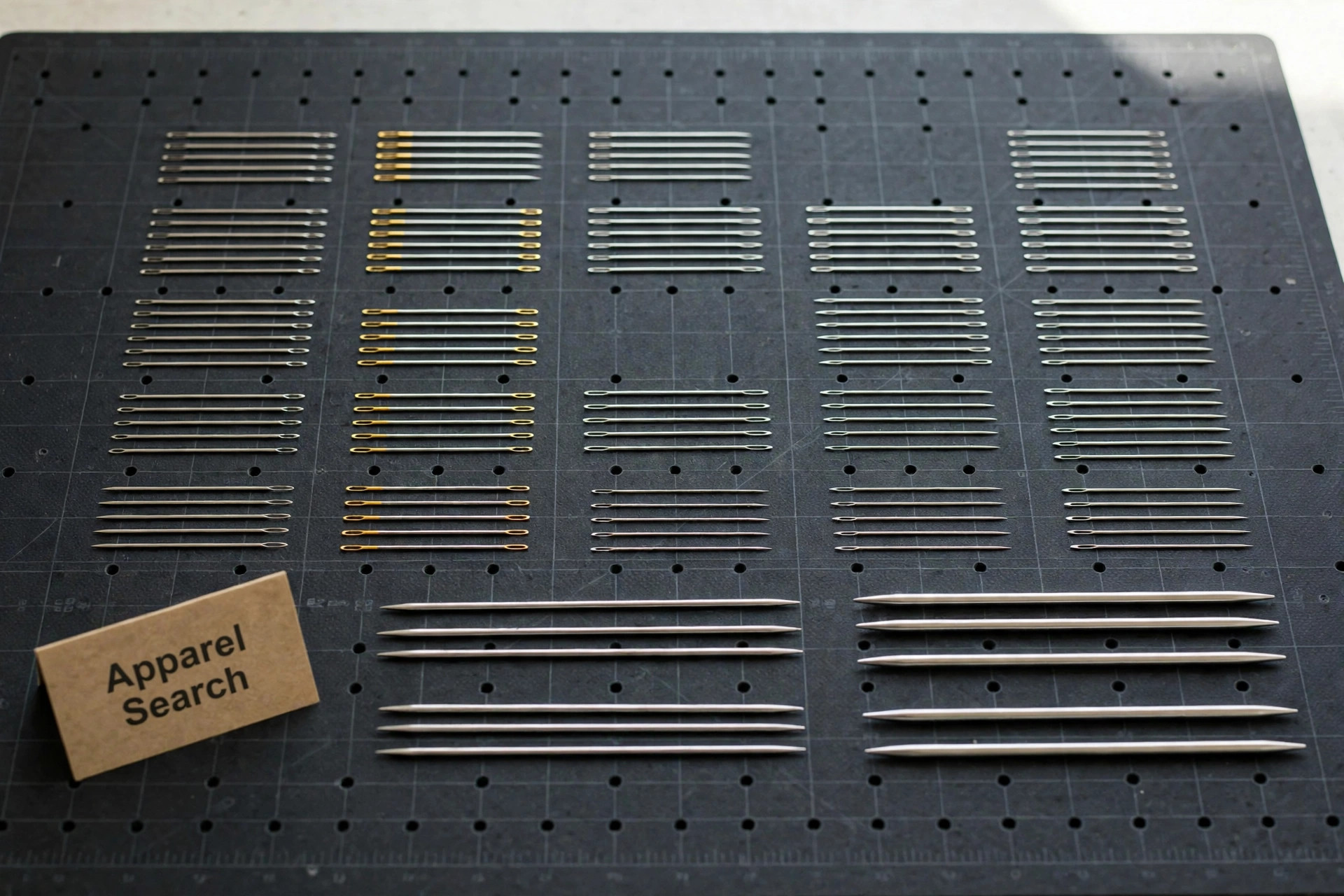 Precision industrial sewing and knitting needles arranged in rows on a dark technical mat with a small Apparel Search sign, product photography with no people
