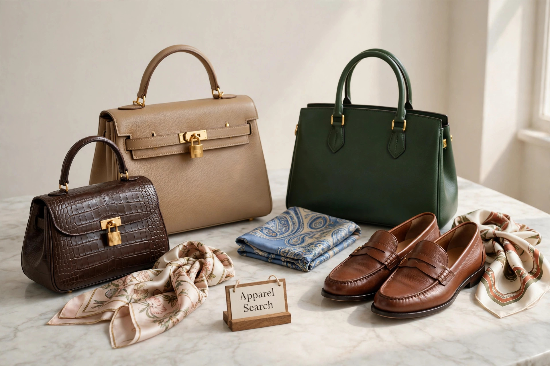 Luxury leather handbags, loafers and silk scarves arranged on a marble table in Florence style light with a small Apparel Search sign, product photography with no people