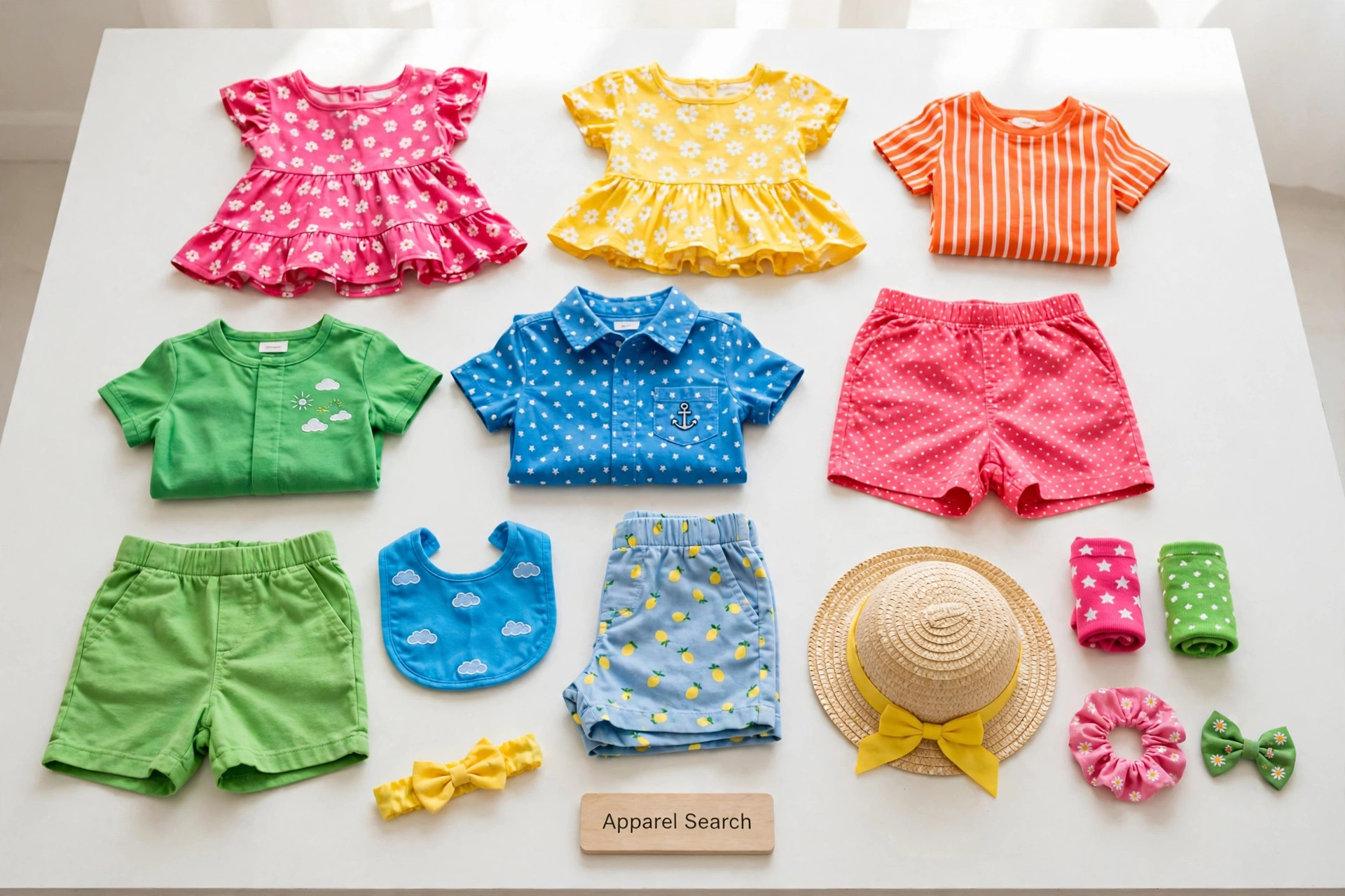 Folded children's clothing in bright colours - small dresses, shirts, shorts and coordinating accessories laid flat on a white table with a small Apparel Search sign, product photography with no people and no children