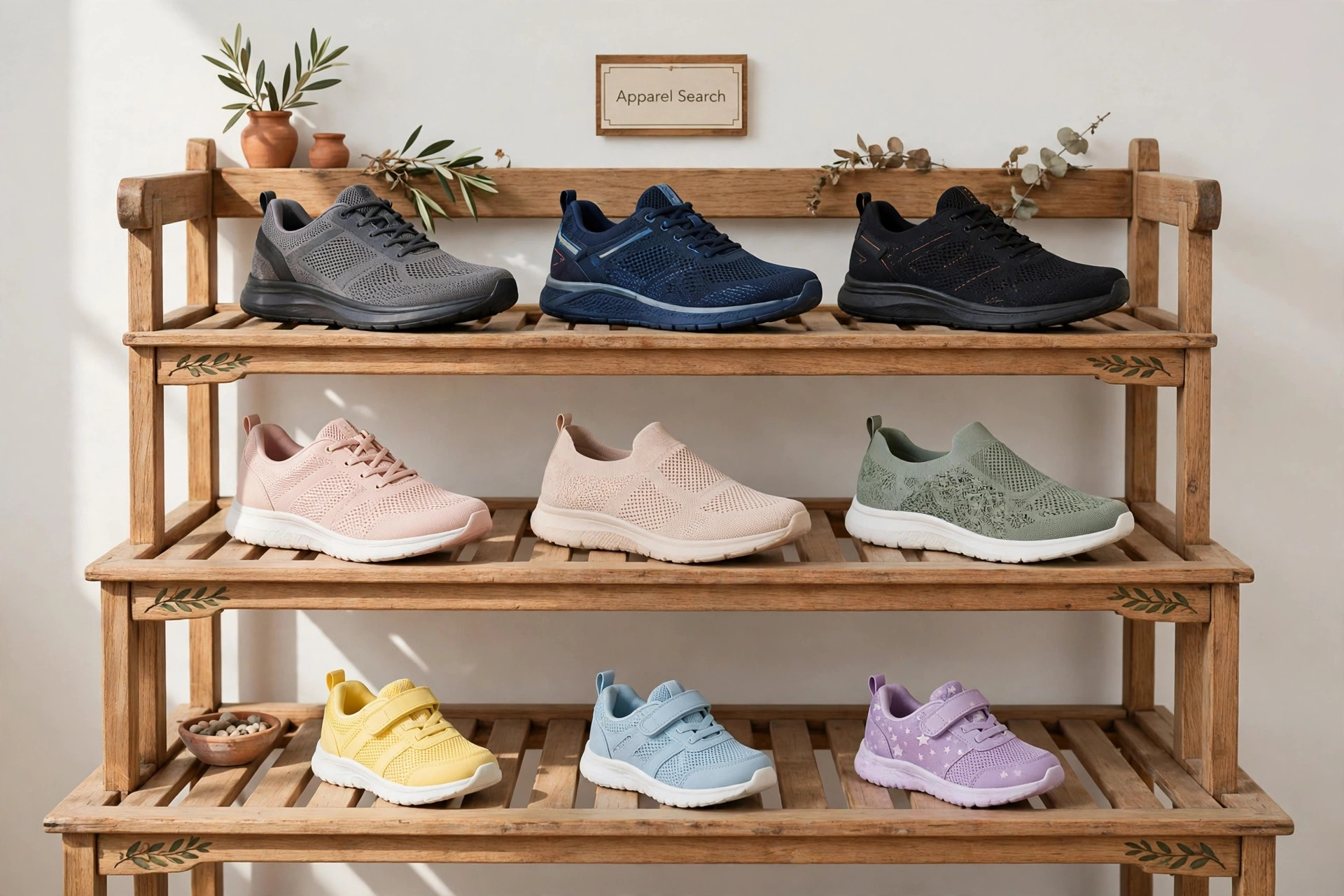 Men's, women's and children's breathable shoes arranged on tiered shelves in an Italian style display with a small Apparel Search sign, product photography with no people