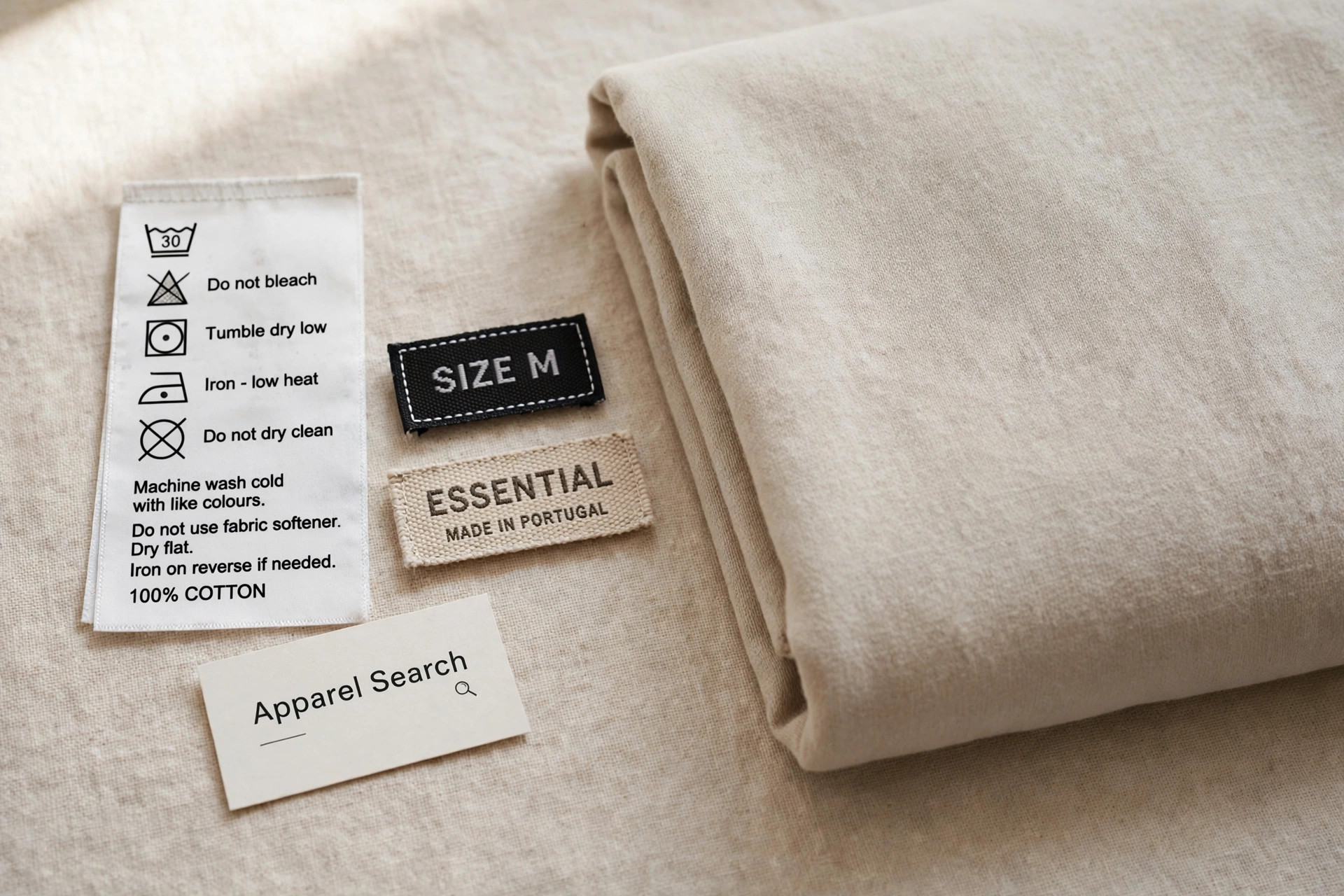 Garment care labels and woven tags laid out beside folded clothing showing washing and ironing symbols with a small Apparel Search sign, product photography with no people