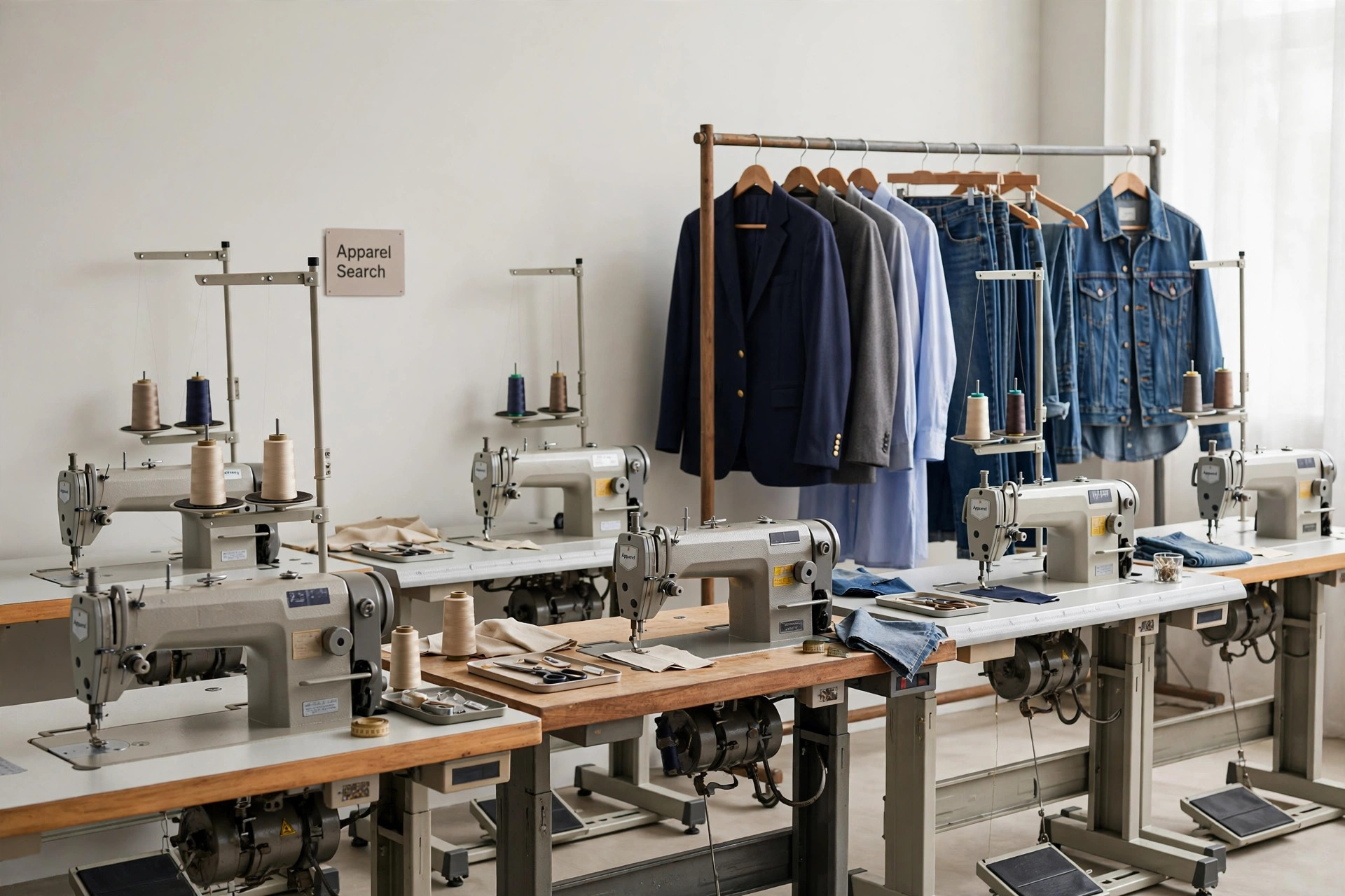 Rows of industrial sewing workstations with finished blazers, shirts and denim garments hanging nearby and a small Apparel Search sign, product photography with no people