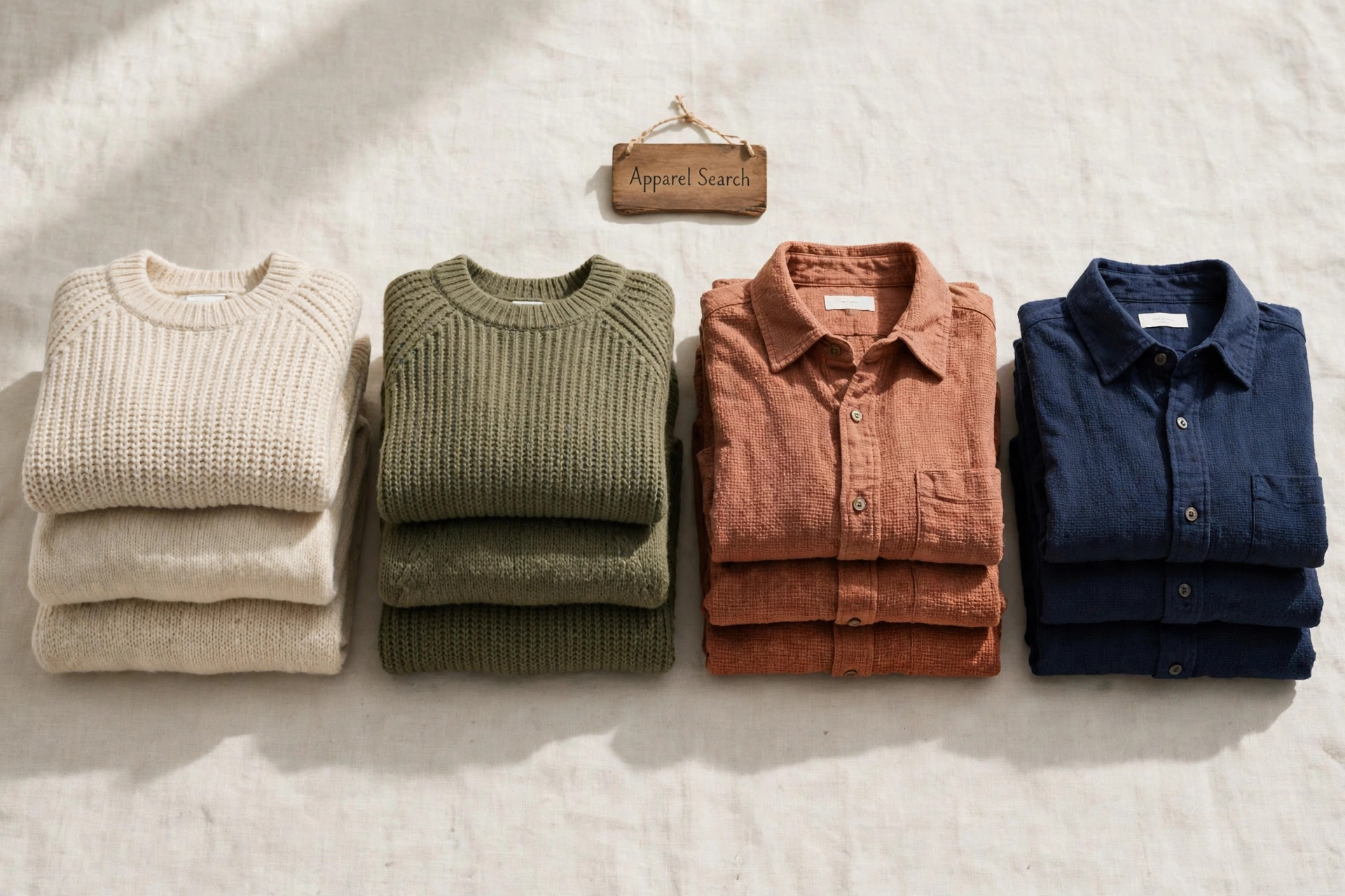 Folded men's and women's sweaters, knitwear and woven shirts stacked by colour with a small Apparel Search sign, product photography with no people