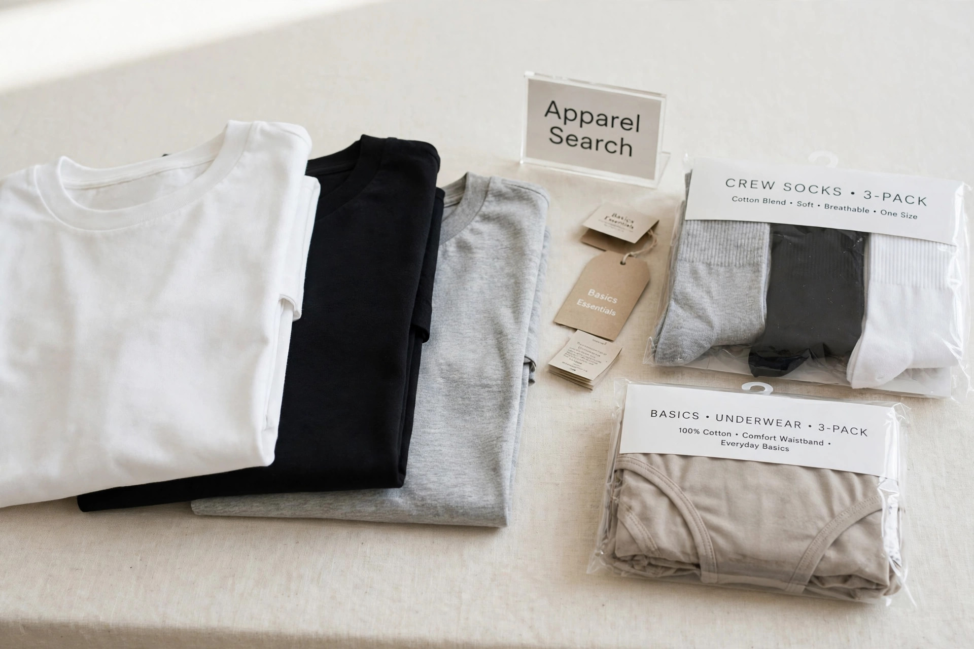 Folded plain t-shirts, socks and packaged basics on a clean table with a small Apparel Search sign, product photography with no people
