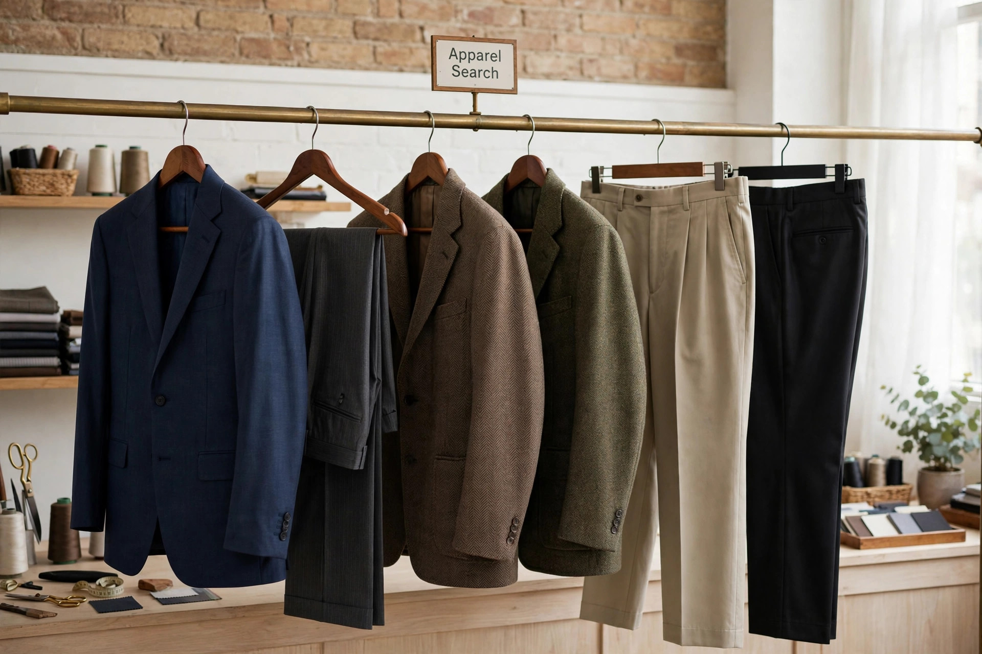 Tailored men's suits, sport coats and dress trousers on a rail in a Chicago-style tailor shop with a small Apparel Search sign, product photography with no people