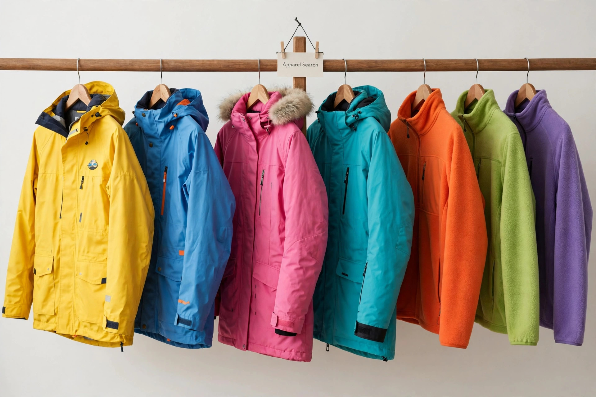 Waterproof sailing jackets, ski parkas and fleece layers in bright colours on a rail with a small Apparel Search sign, product photography with no people