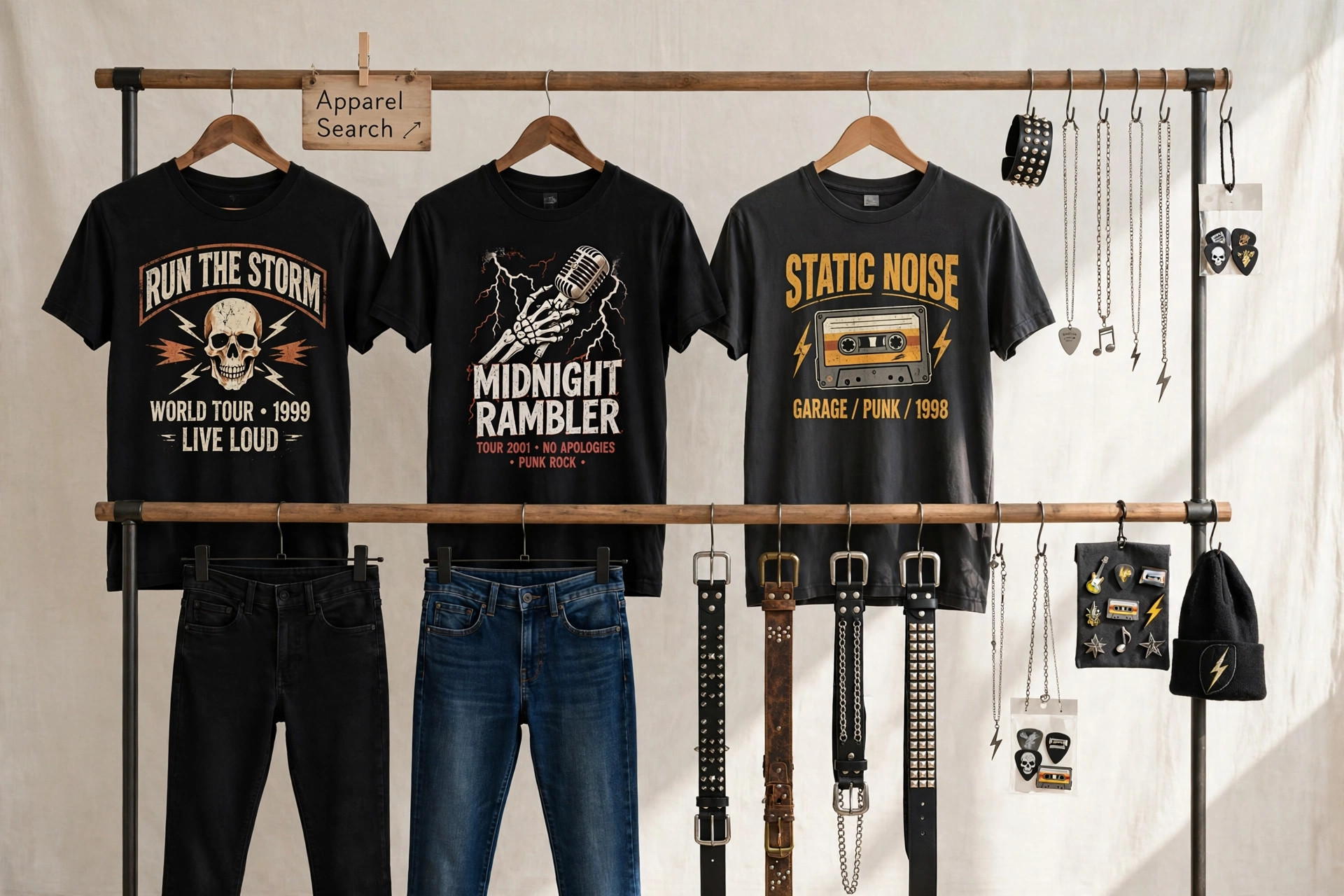 Band t-shirts, skinny jeans, belts and music-inspired accessories on a store rail with a small Apparel Search sign, product photography with no people