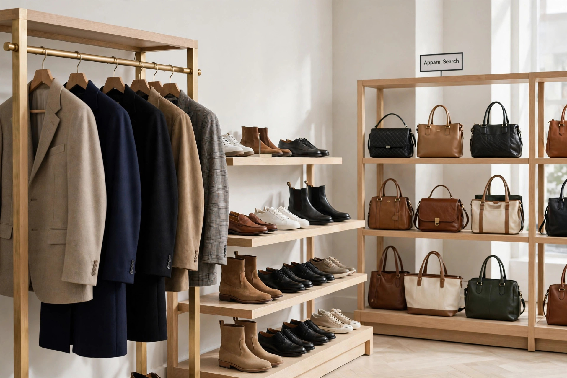 A department store clothing floor with tailored rails, shoe displays and handbag shelves and a small Apparel Search sign, product photography with no people