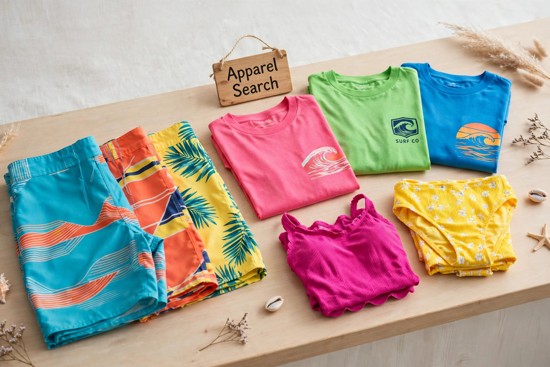 Boardshorts, surf t-shirts and swimwear in bright colours folded on a beach-shop counter with a small Apparel Search sign, product photography with no people
