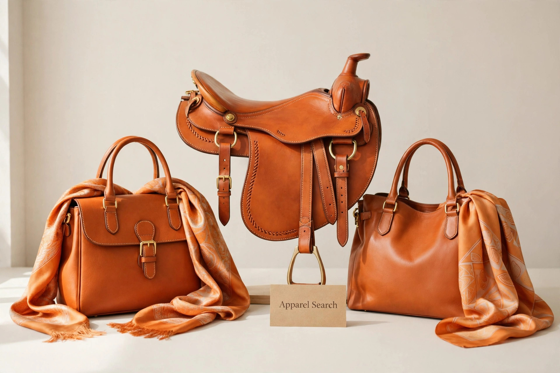 Leather handbags, silk scarves and a saddle-inspired display in warm orange tones with a small Apparel Search sign, product photography with no people