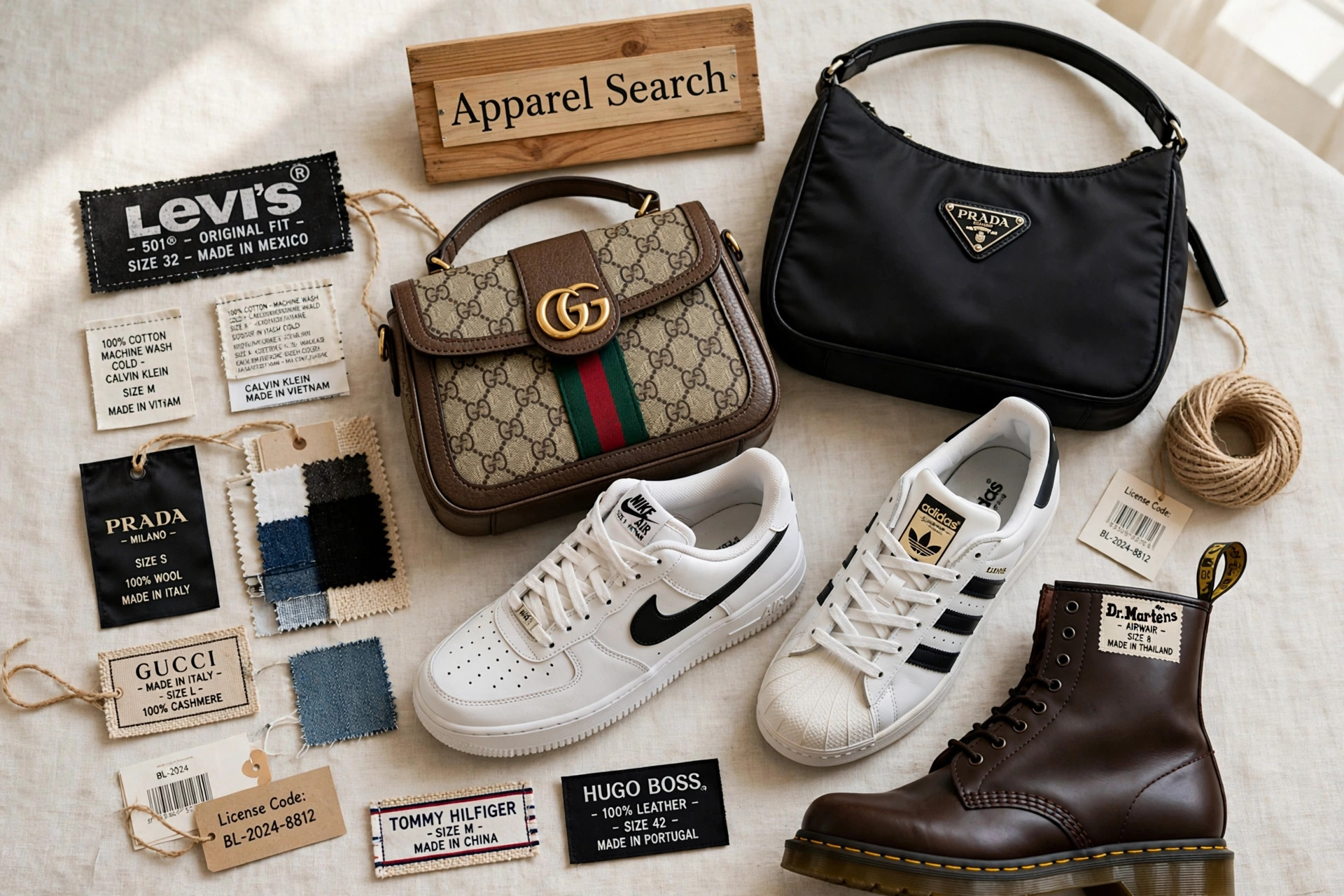 A brand licensing office display with clothing labels, handbags and footwear from many different fashion brands and a small Apparel Search sign, product photography with no people