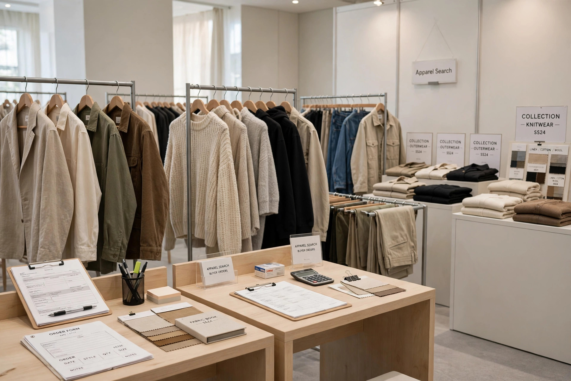 A fashion trade fair hall with clothing rails, order-writing desks and collection displays and a small Apparel Search sign, product photography with no people