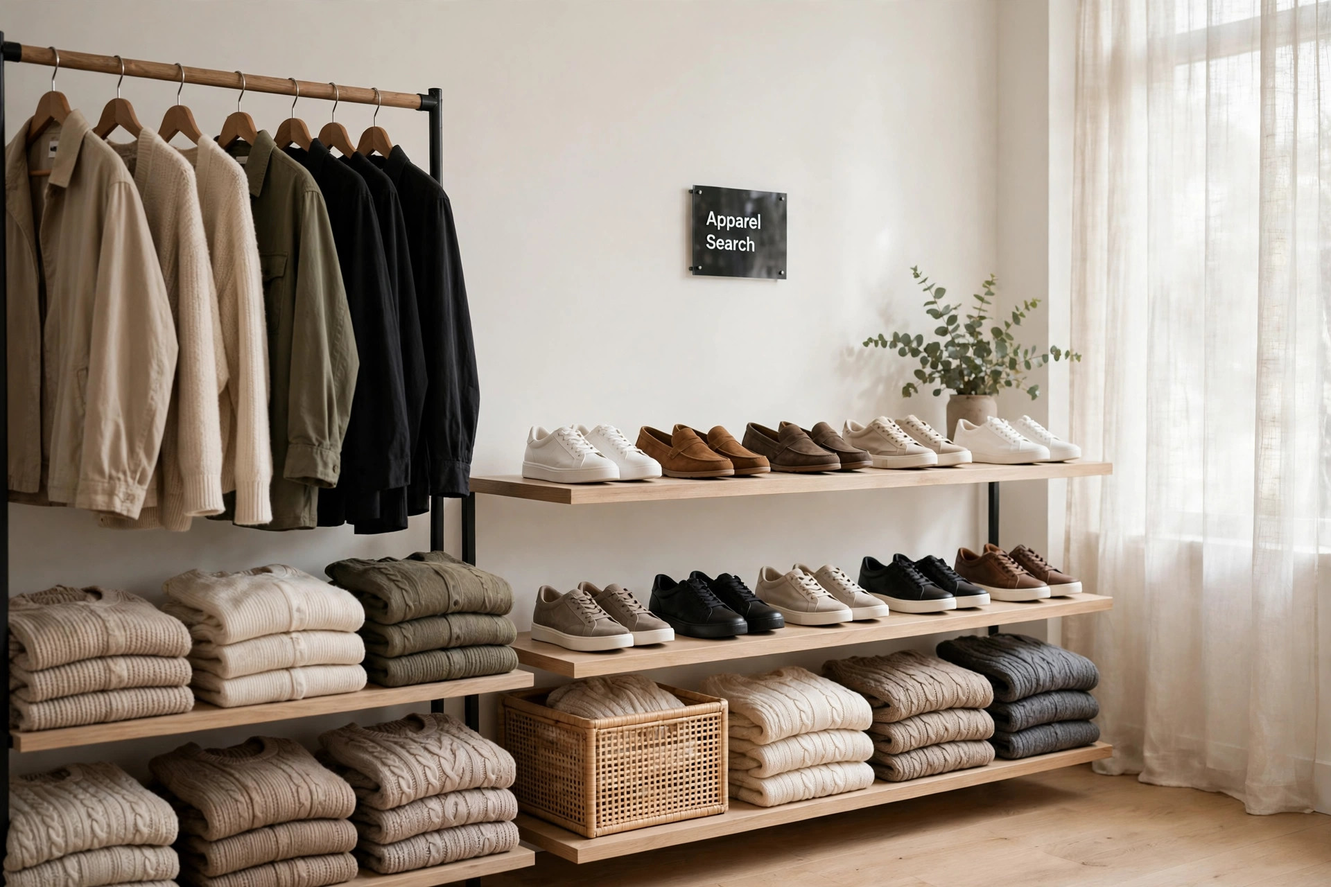 A bright fashion retail store interior with clothing rails, folded knitwear and shoe displays and a small Apparel Search sign, product photography with no people