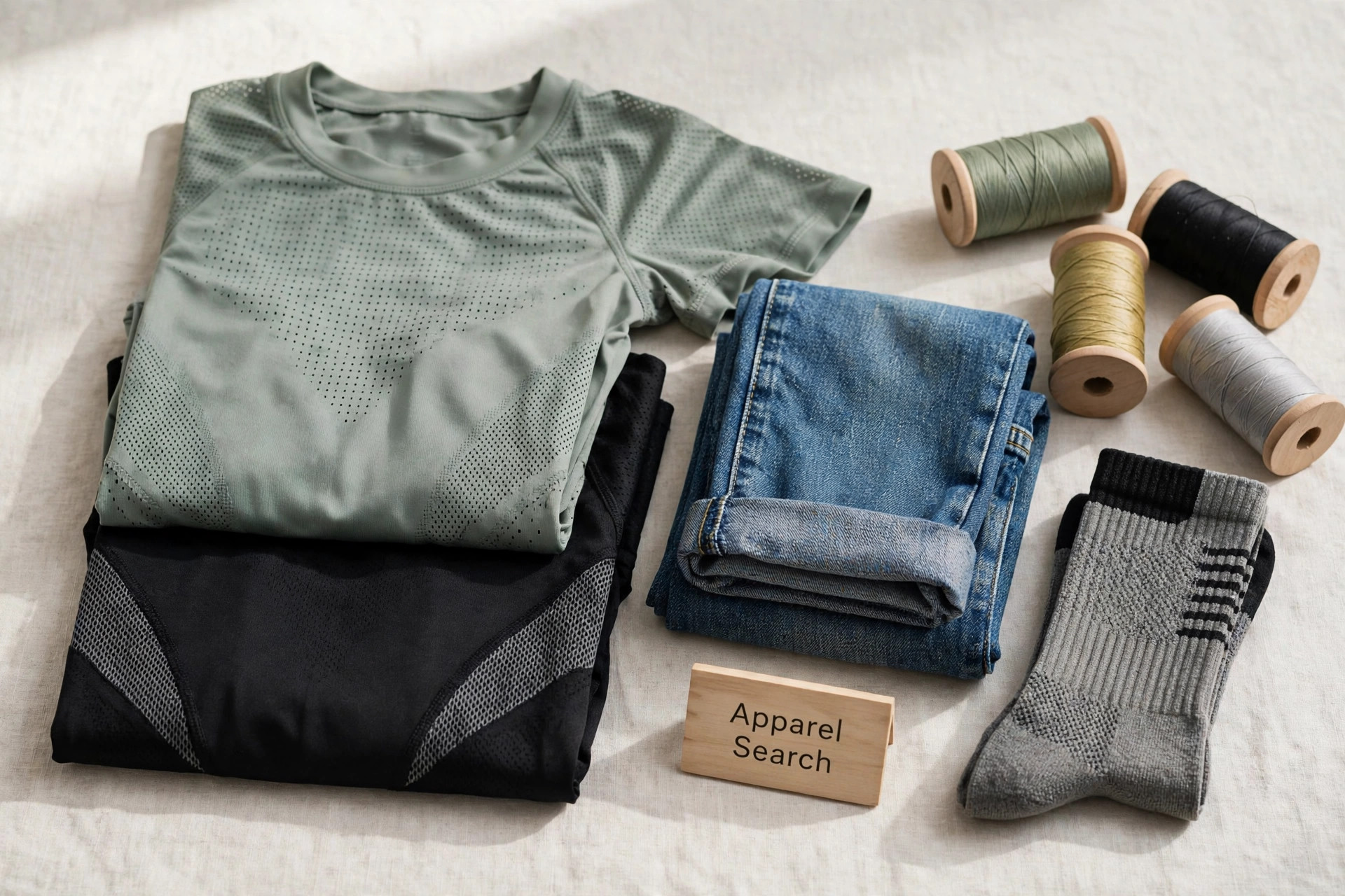 Folded activewear tops, denim jeans and sports socks in breathable performance fabrics with fiber spools and a small Apparel Search sign, product photography with no people