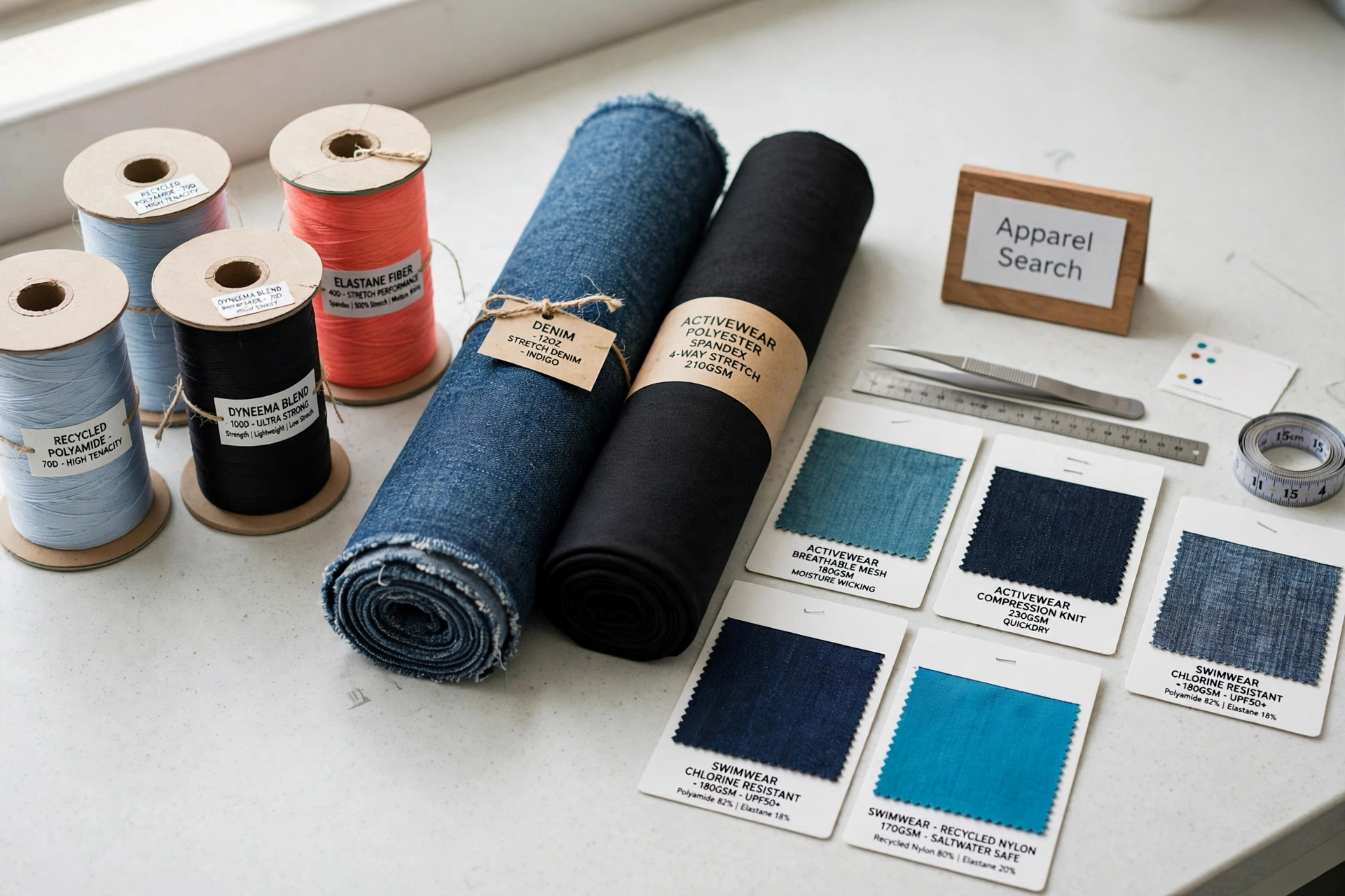 Spools of performance fiber, fabric rolls and denim, activewear and swimwear fabric swatches on a laboratory bench and a small Apparel Search sign, product photography with no people
