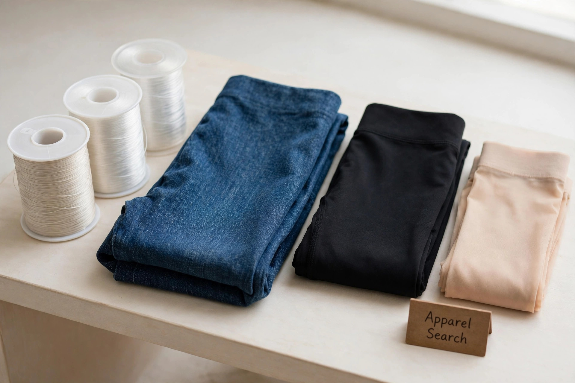 Spools of fine elastic fiber beside folded stretch denim, activewear leggings fabric and hosiery on a clean bench and a small Apparel Search sign, product photography with no people