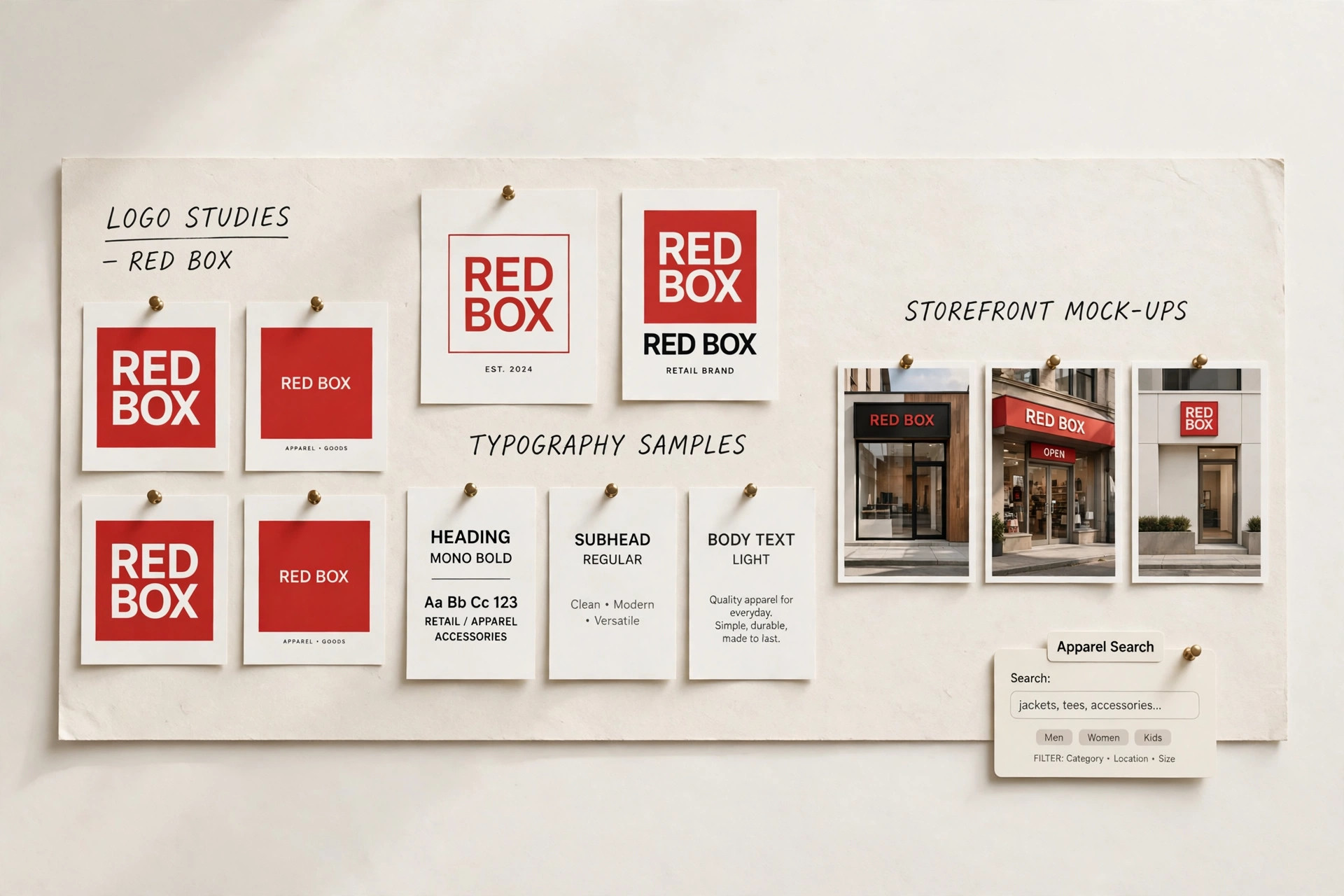 A retail branding design board with red box logo studies, typography samples and storefront mock-ups pinned in a row and a small Apparel Search card, product photography with no people